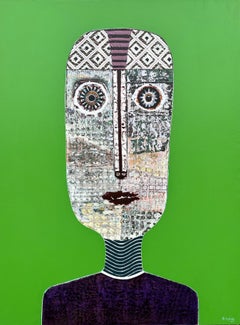 Vibrant Green Figurative Mixed Media Portrait by Cuban Artist Hector Frank