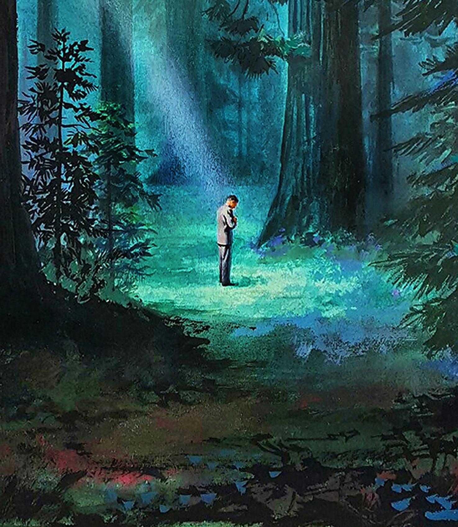 A ray of light in the forest - Solitary Man Surreal Landscape  - Painting by Hector Garrido