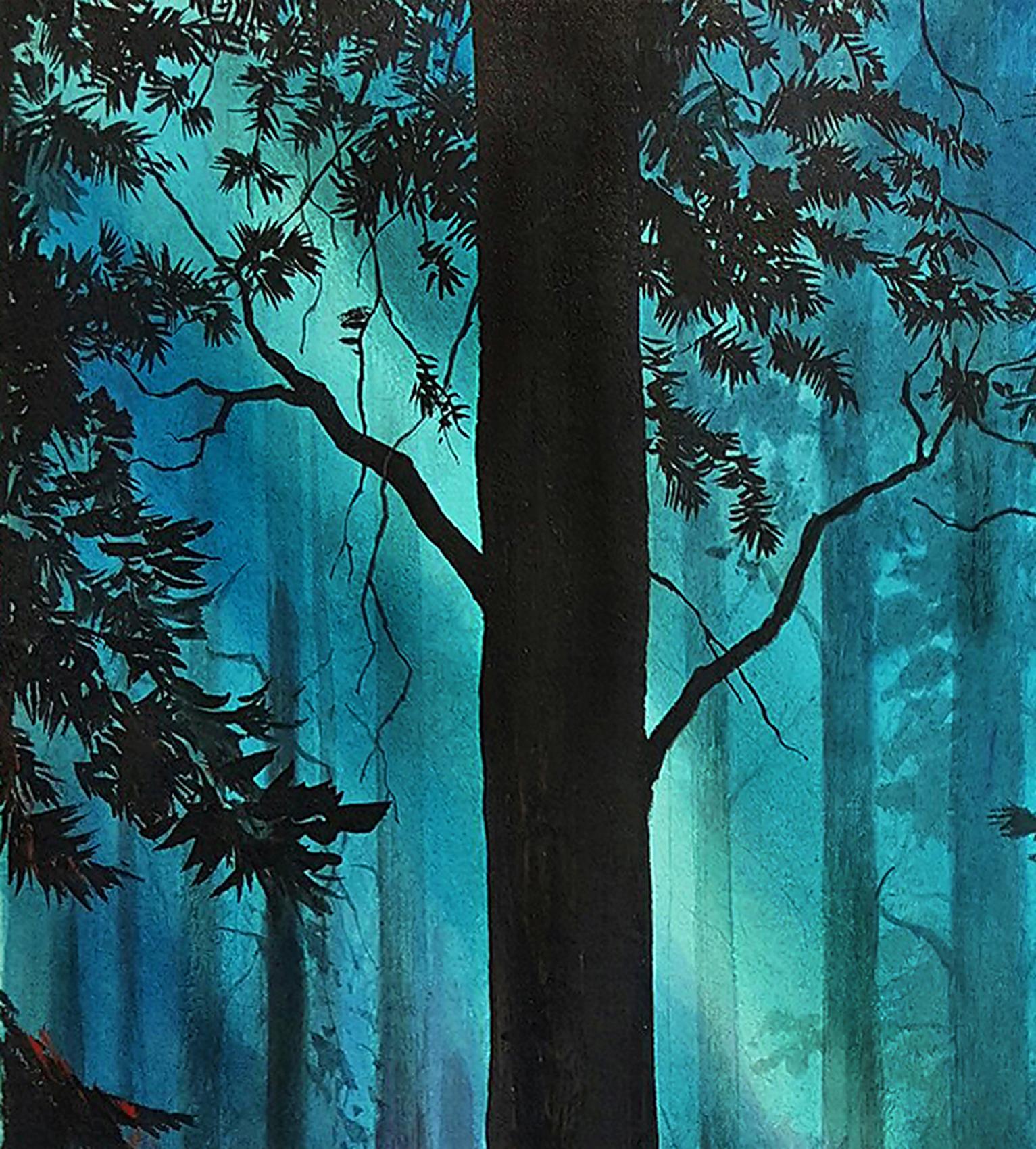 A ray of light in the forest - Solitary Man Surreal Landscape  - American Realist Painting by Hector Garrido