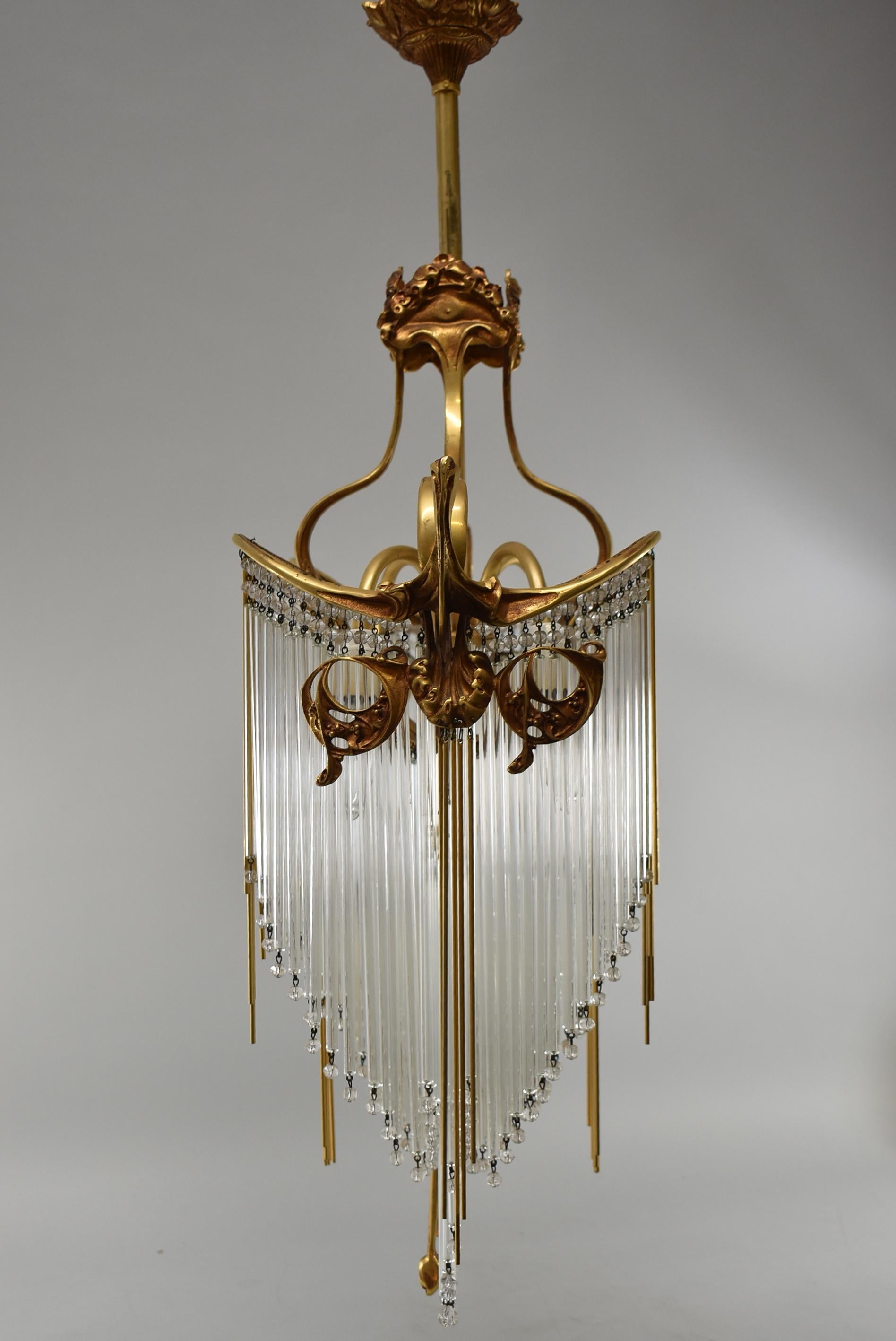 European Hector Guimard Art Nouveau Drop Crystal and Bronze Chandelier