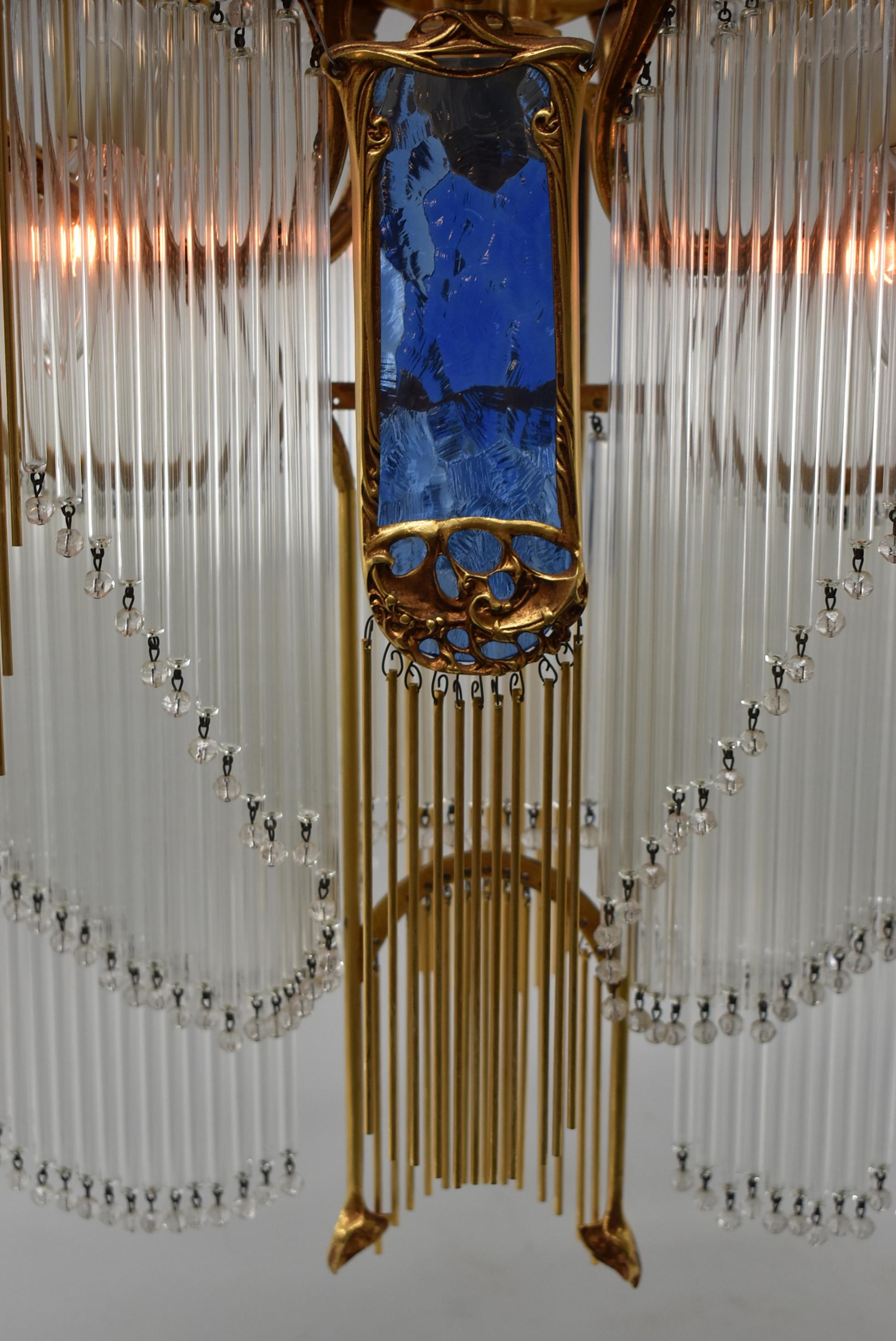 20th Century Hector Guimard Art Nouveau Drop Crystal and Bronze Chandelier