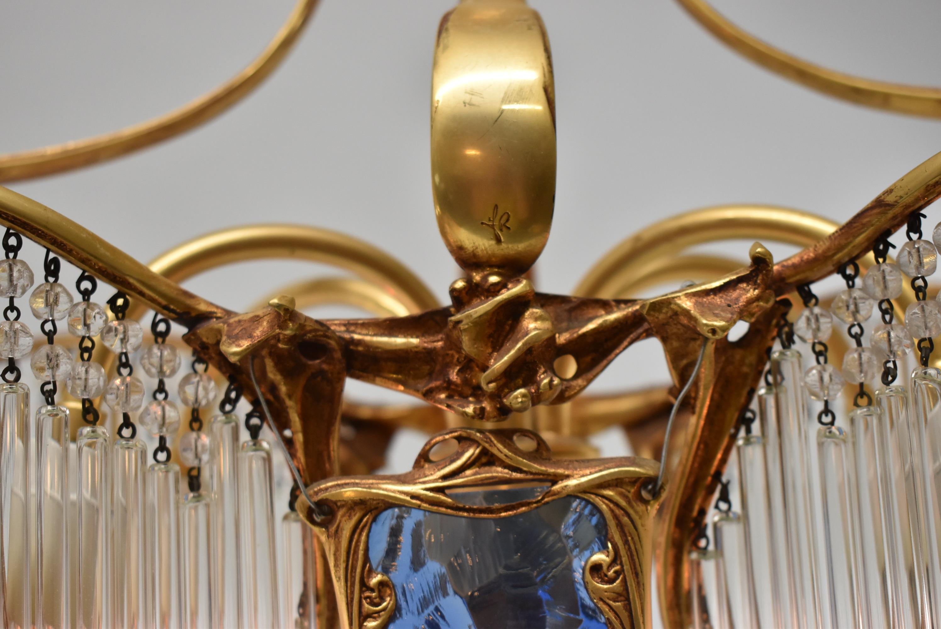 Hector Guimard Art Nouveau Drop Crystal and Bronze Chandelier 1