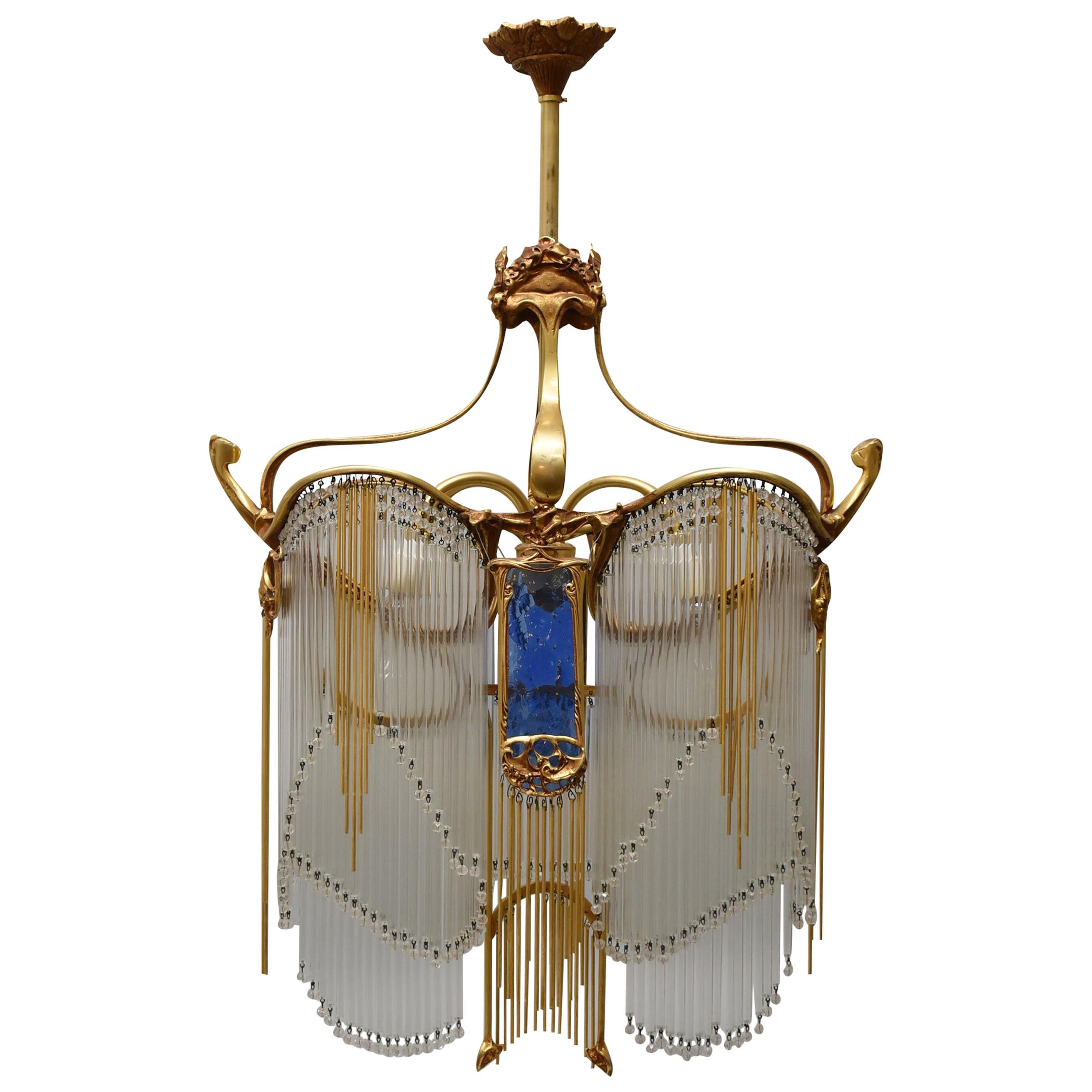 Hector Guimard Art Nouveau Drop Crystal and Bronze Chandelier