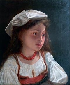 H. Viger ritratto di ragazza del XIX secolo olio su tela incorniciato antico