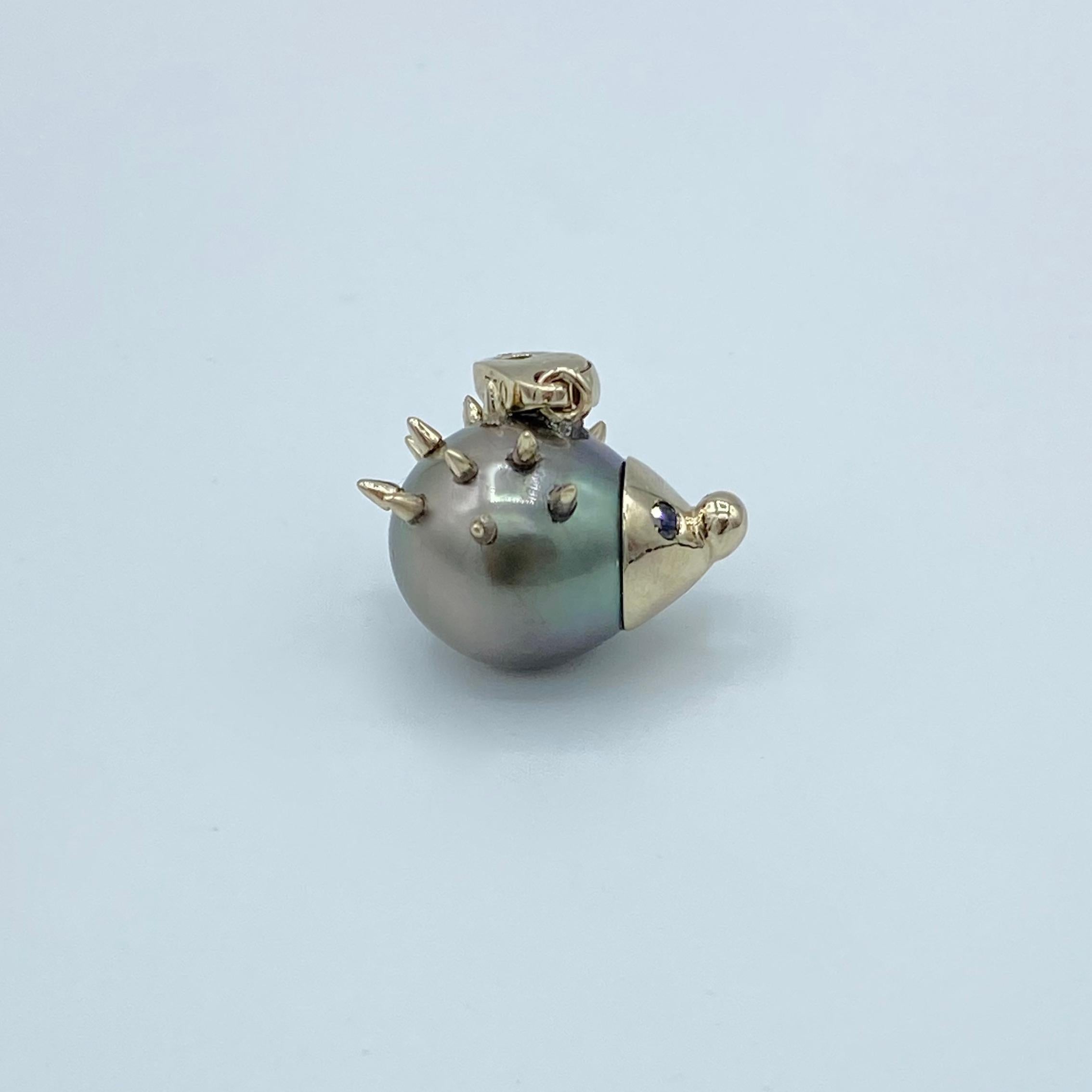 Women's or Men's Hedgehog Black Diamond Tahitian Pearl 18K White Gold Pendant/Necklace