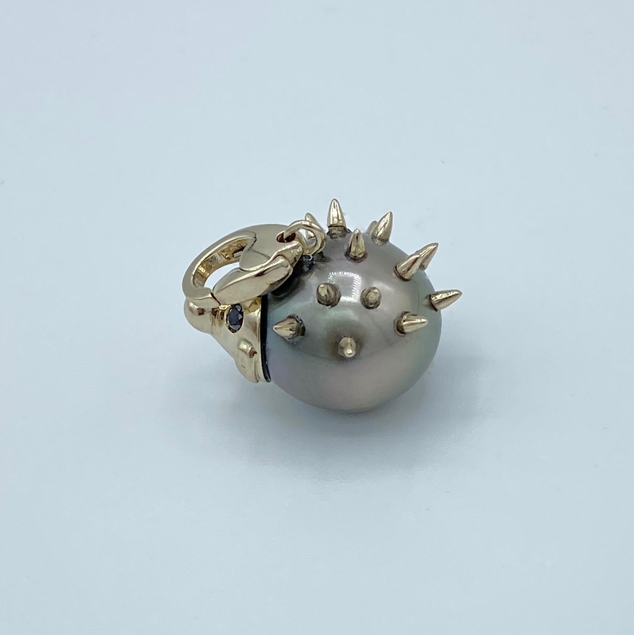 Hedgehog Black Diamond Tahitian Pearl 18K White Gold Pendant/Necklace 1