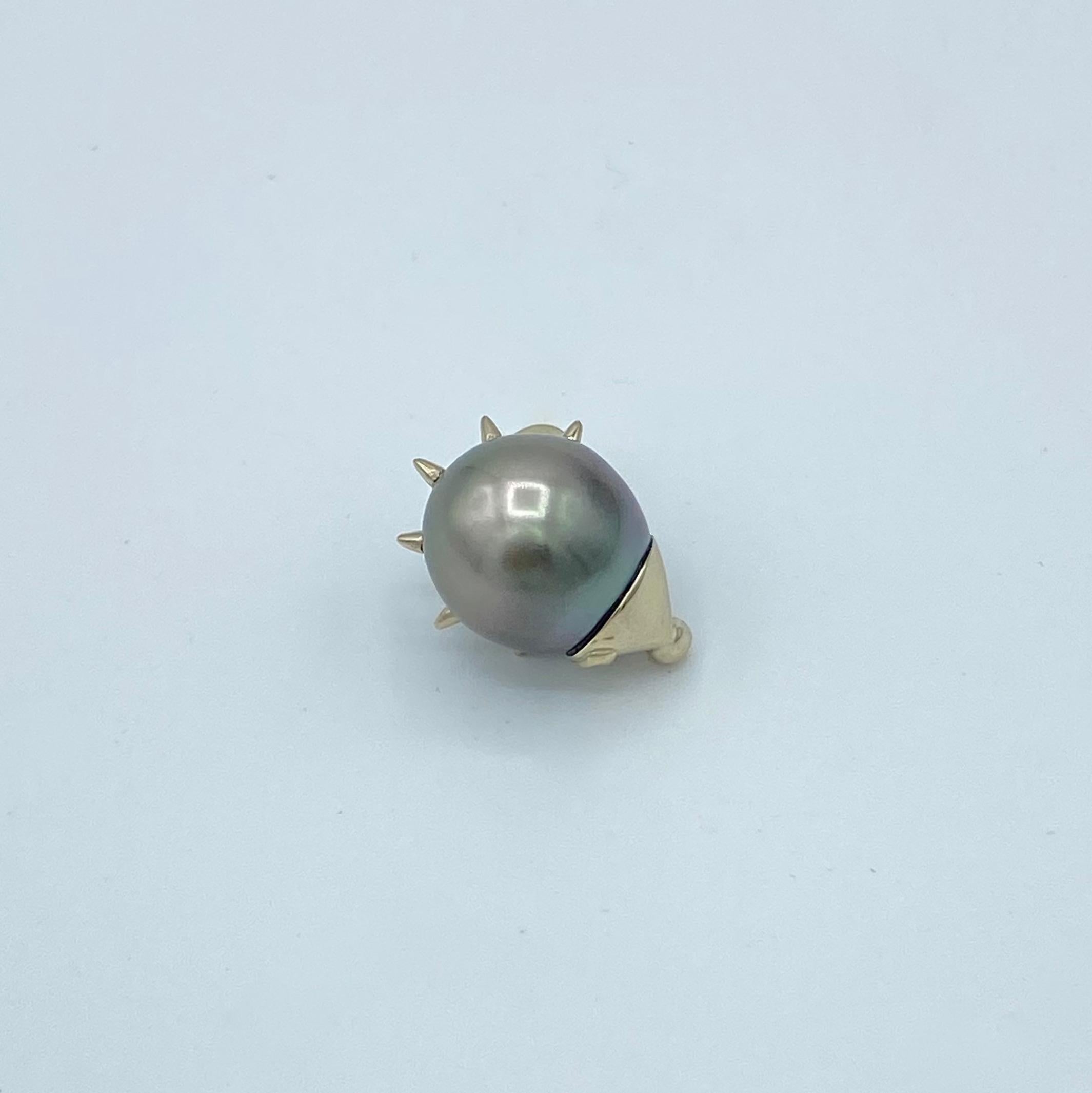 Hedgehog Black Diamond Tahitian Pearl 18K White Gold Pendant/Necklace 3