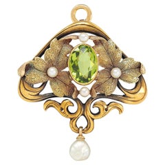 Broche Colgante Antiguo Hedges Art Nouveau Perla Peridoto Oro Amarillo 14 Kilates