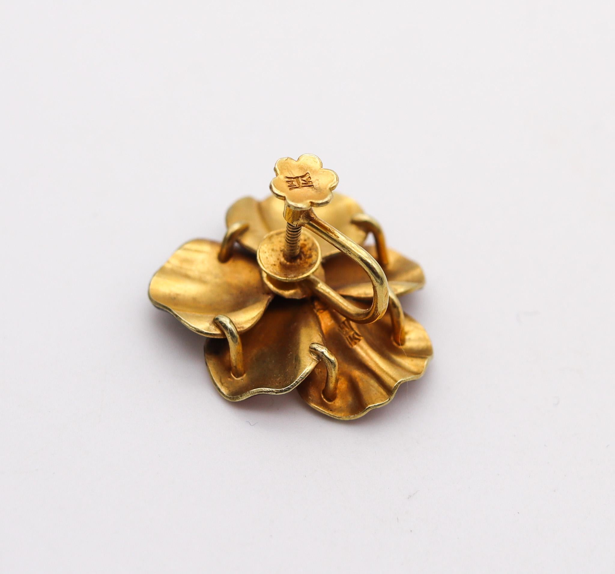 Old European Cut Hedges & Co. 1900 Art Nouveau Enamel Pansy Earrings In 14Kt Gold With Diamonds