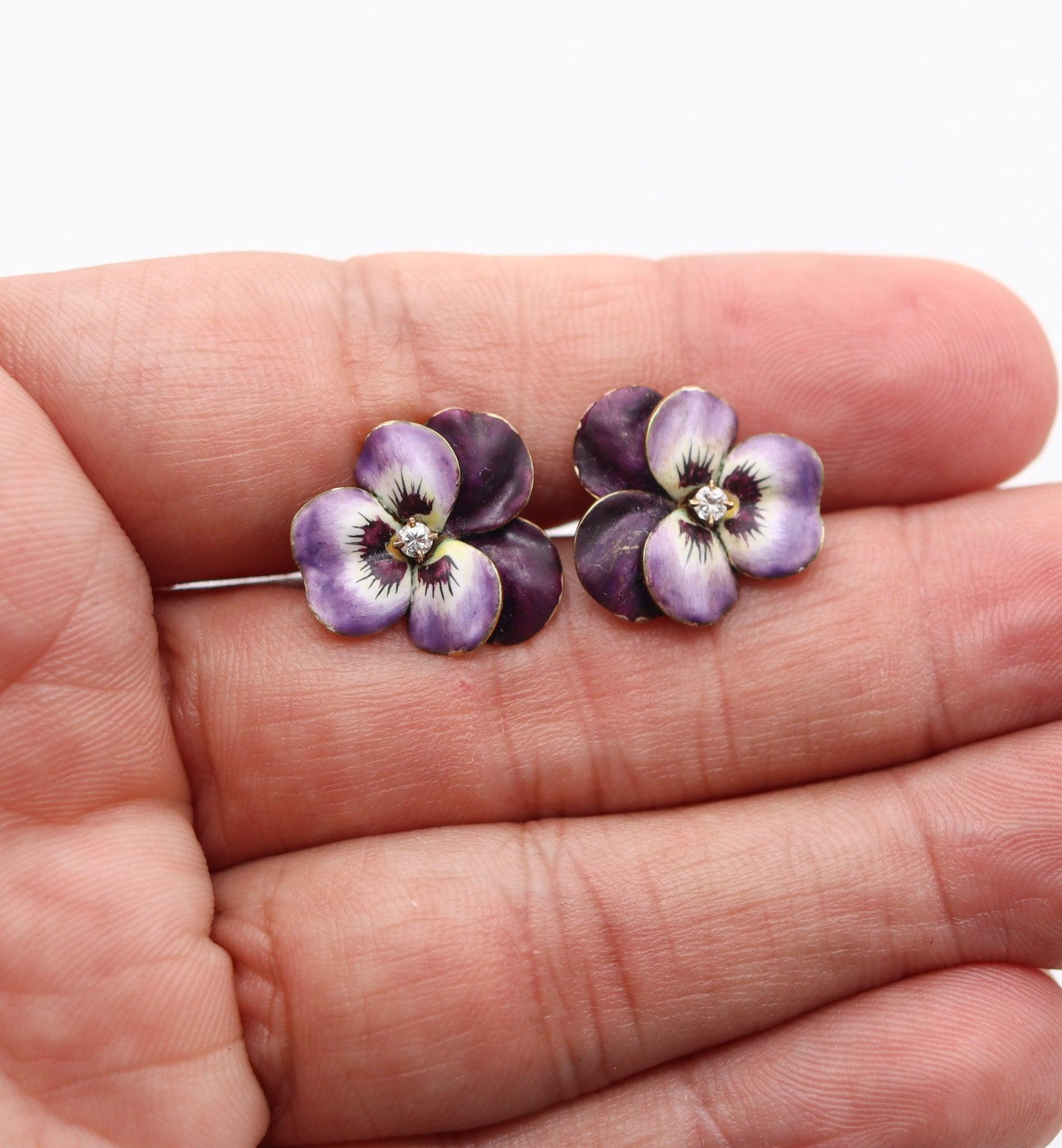 Women's HEDGES & CO. 1900 Art Nouveau Enamel Pansy Earrings In 14Kt Gold With Diamonds For Sale
