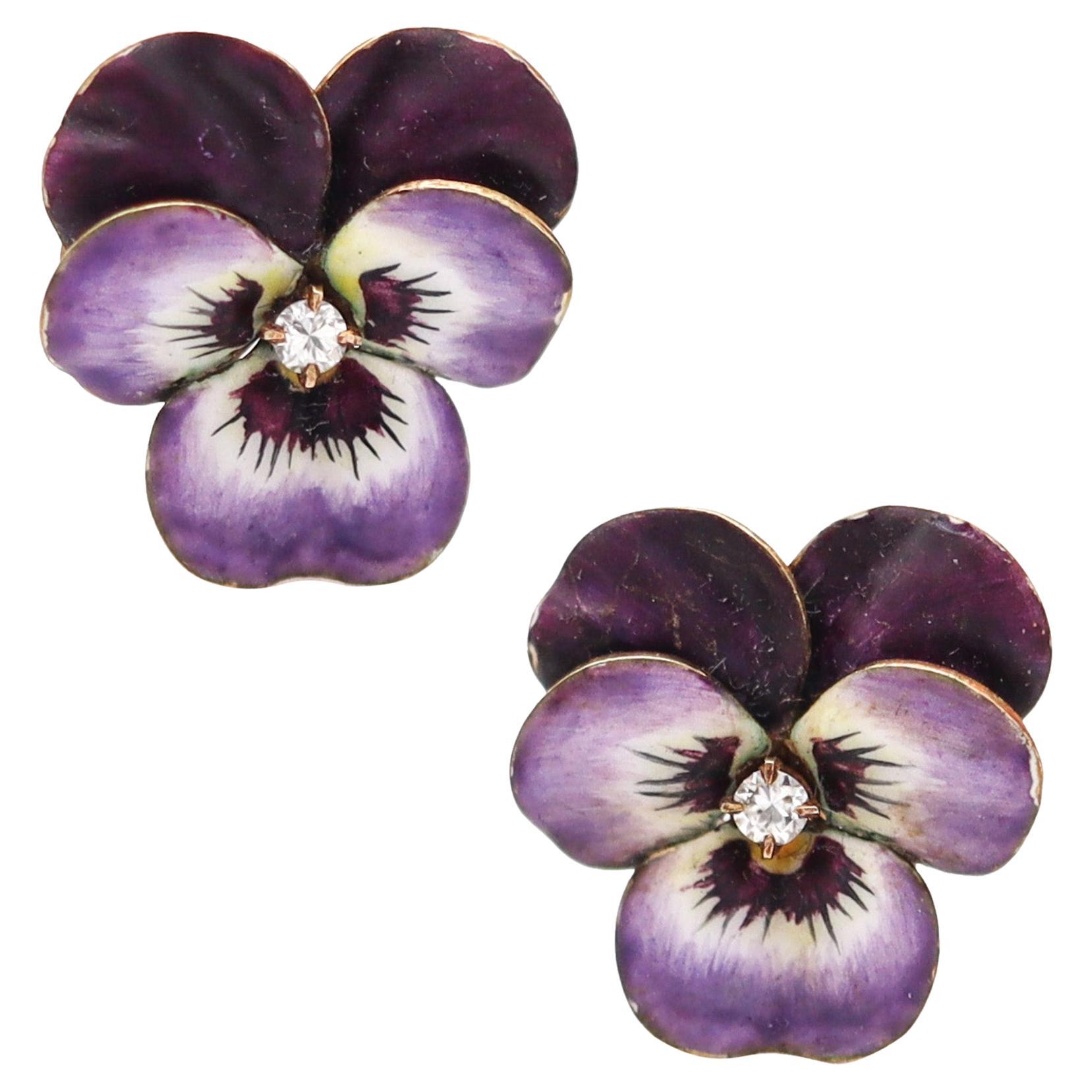 HEDGES & CO. 1900 Art Nouveau Enamel Pansy Earrings In 14Kt Gold With Diamonds For Sale