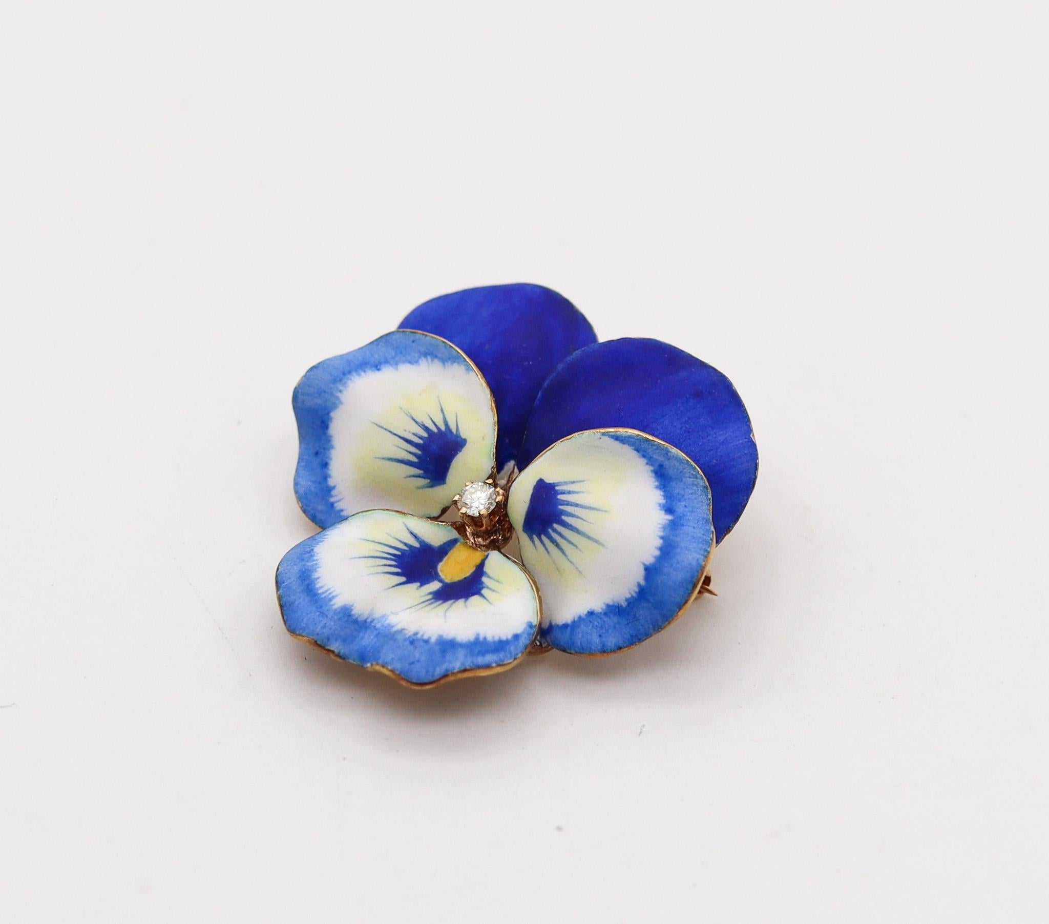 Edwardian enameled convertible flower brooch designed by A. J. Hedges.

Beautiful three-dimensional five-petals pansy flower, created in New Jersey North America during the Edwardian and the Art Nouveau periods, back between the 1900-1910. This