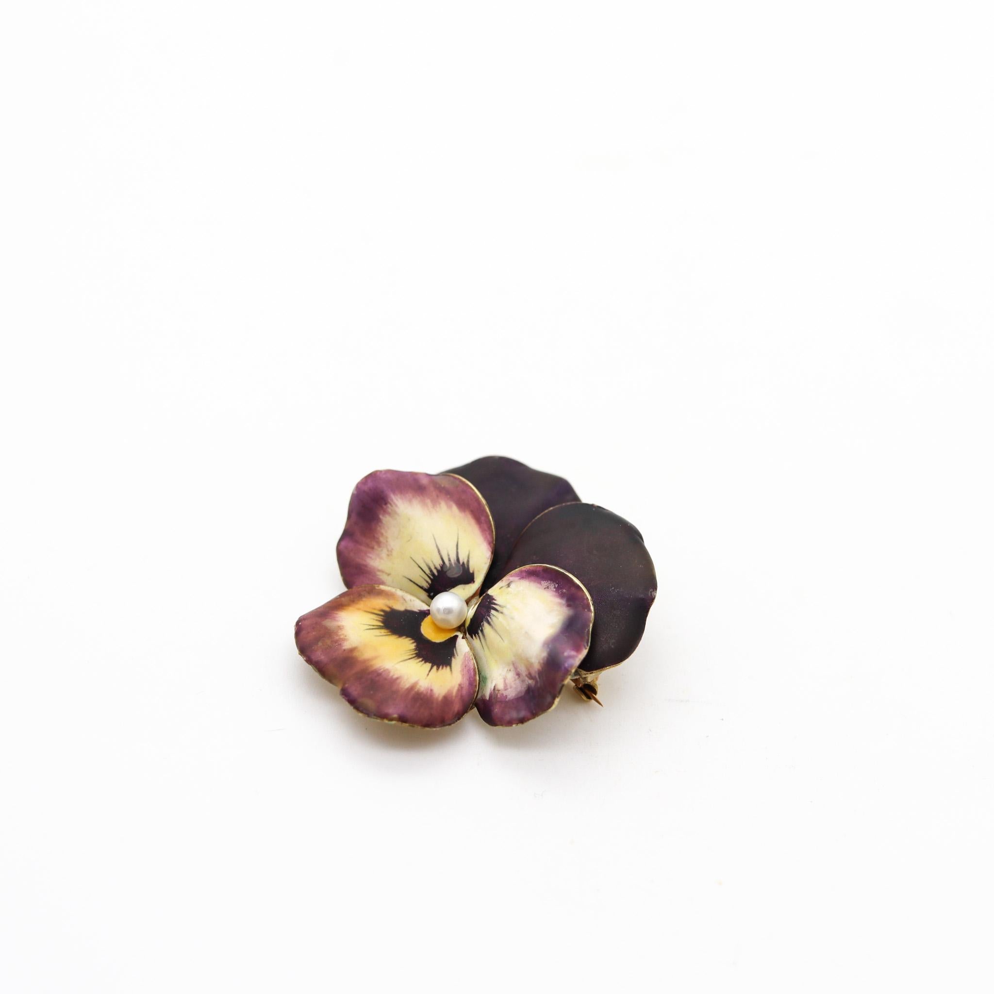 Round Cut Hedges & Co. 1900 Art Nouveau Purple Enamel Pansy Brooch In 14Kt Gold and Pearl For Sale