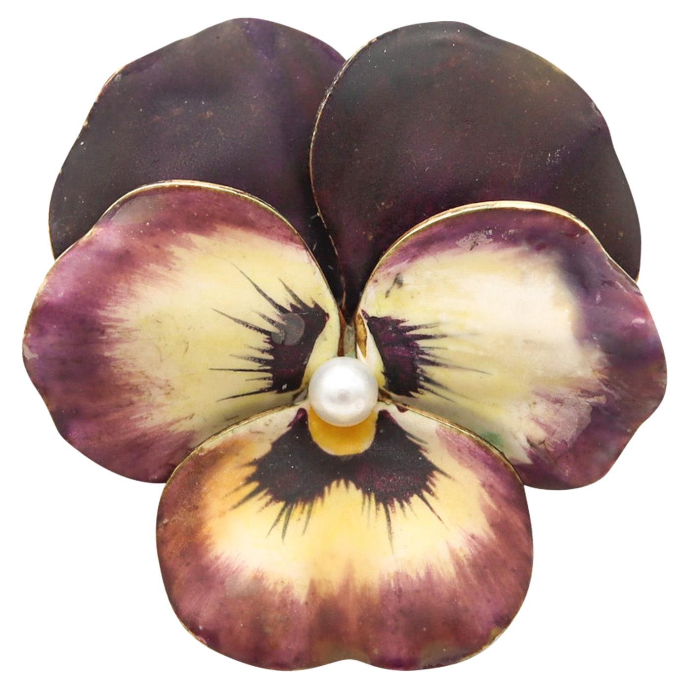 Hedges & Co. 1900 Art Nouveau Purple Enamel Pansy Brooch In 14Kt Gold and Pearl For Sale