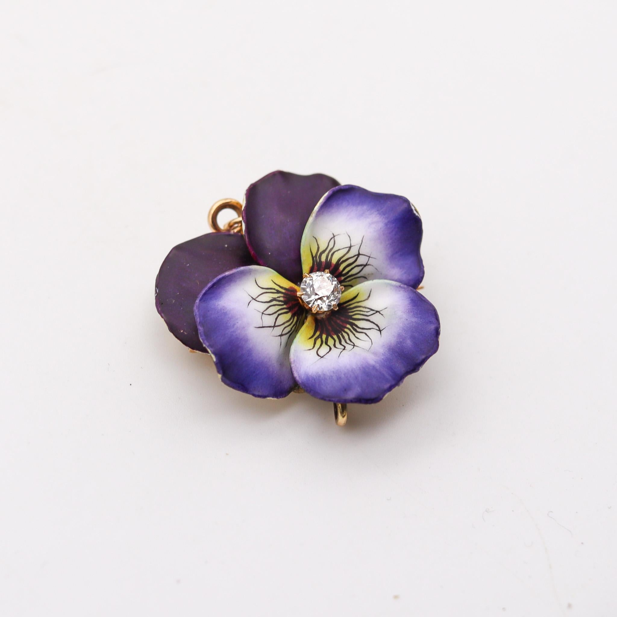 Edwardian enameled convertible flower brooch designed by A. J. Hedges.

An exceptional three-dimensional five-petals pansy flower, created in New Jersey North America during the Edwardian and the Art Nouveau periods, back in the 1900. This