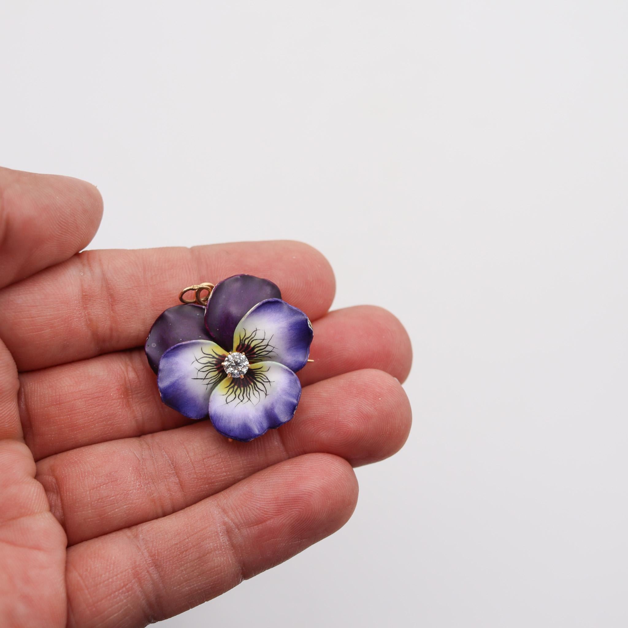 Old European Cut Hedges & Co. 1900 Enameled Pansy Pendant Brooch In 14Kt Gold With Diamond For Sale