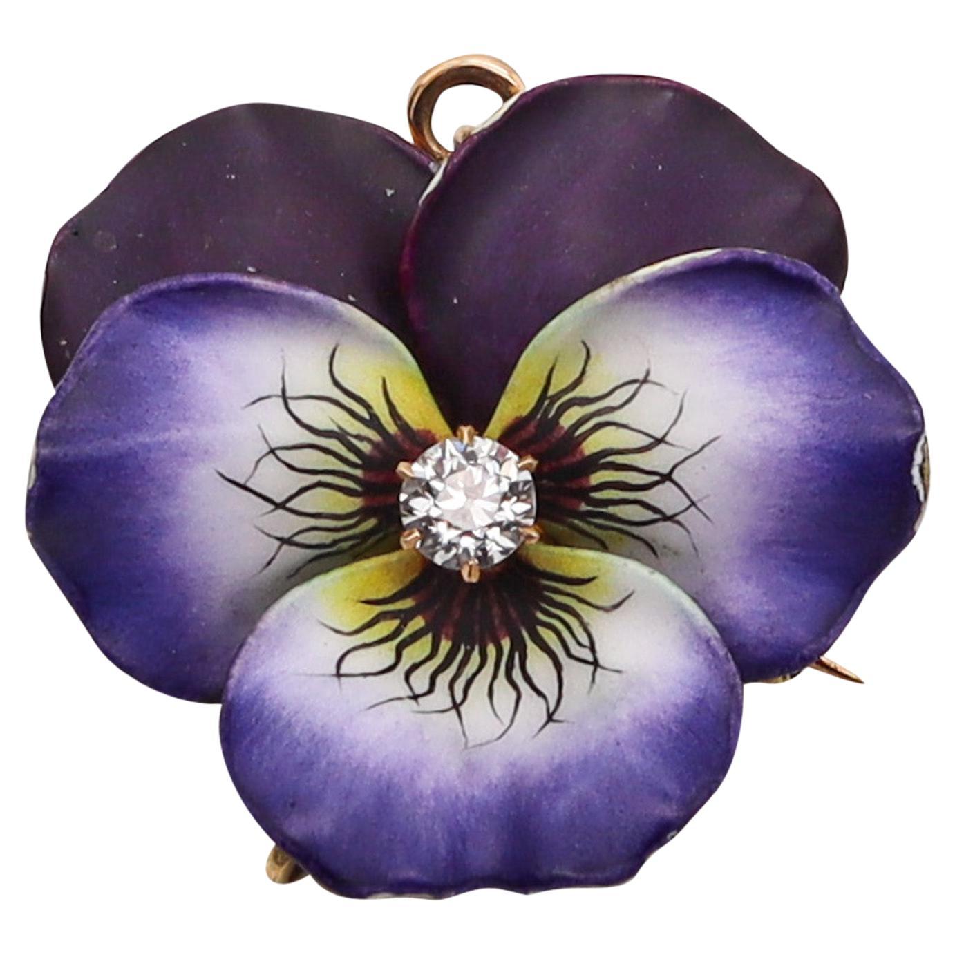 Hedges & Co. 1900 Enameled Pansy Pendant Brooch In 14Kt Gold With Diamond
