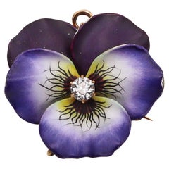 Antique Hedges & Co. 1900 Enameled Pansy Pendant Brooch In 14Kt Gold With Diamond