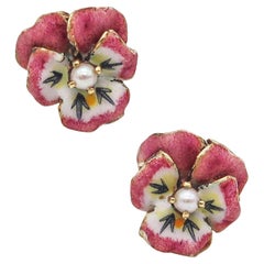 Antique Hedges & Co 1905 Art Nouveau Pansy Flowers Stud Earrings In 14Kt Gold With Pearl