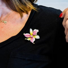 HEDGES & CO. 1910 Art Nouveau Broche Colgante Orquídea Esmaltada Oro 14Kt & Perla