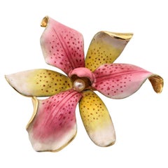 HEDGES & CO. 1910 Art Nouveau Enameled Orchid Pendant Brooch 14Kt Gold & Pearl