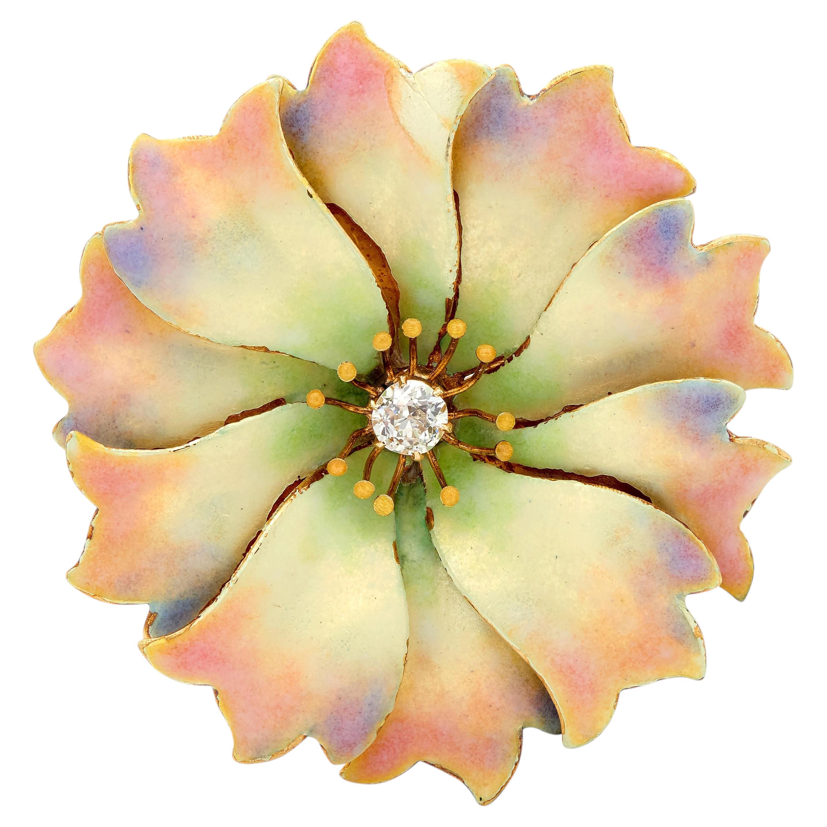 Hedges & Co. Art Nouveau Diamond Enamel 14K Gold Antique Flower Pendant Brooch