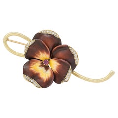 Hedges 
Co. Art Nouveau Diamond Ruby Maroon Enamel 14K Antique Pansy Brooch