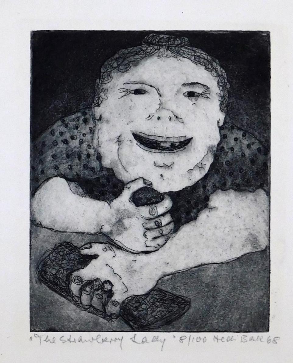 Whimsical Original Aquatint Etching by German/American artist Hedi Bak (1927 - 2010).
The etching presents in a side fold mat and is in excellent condition.
Tape adheres the print to the mat at all four corners. Mat: 11 x 8 ½ inches. 
Image measures