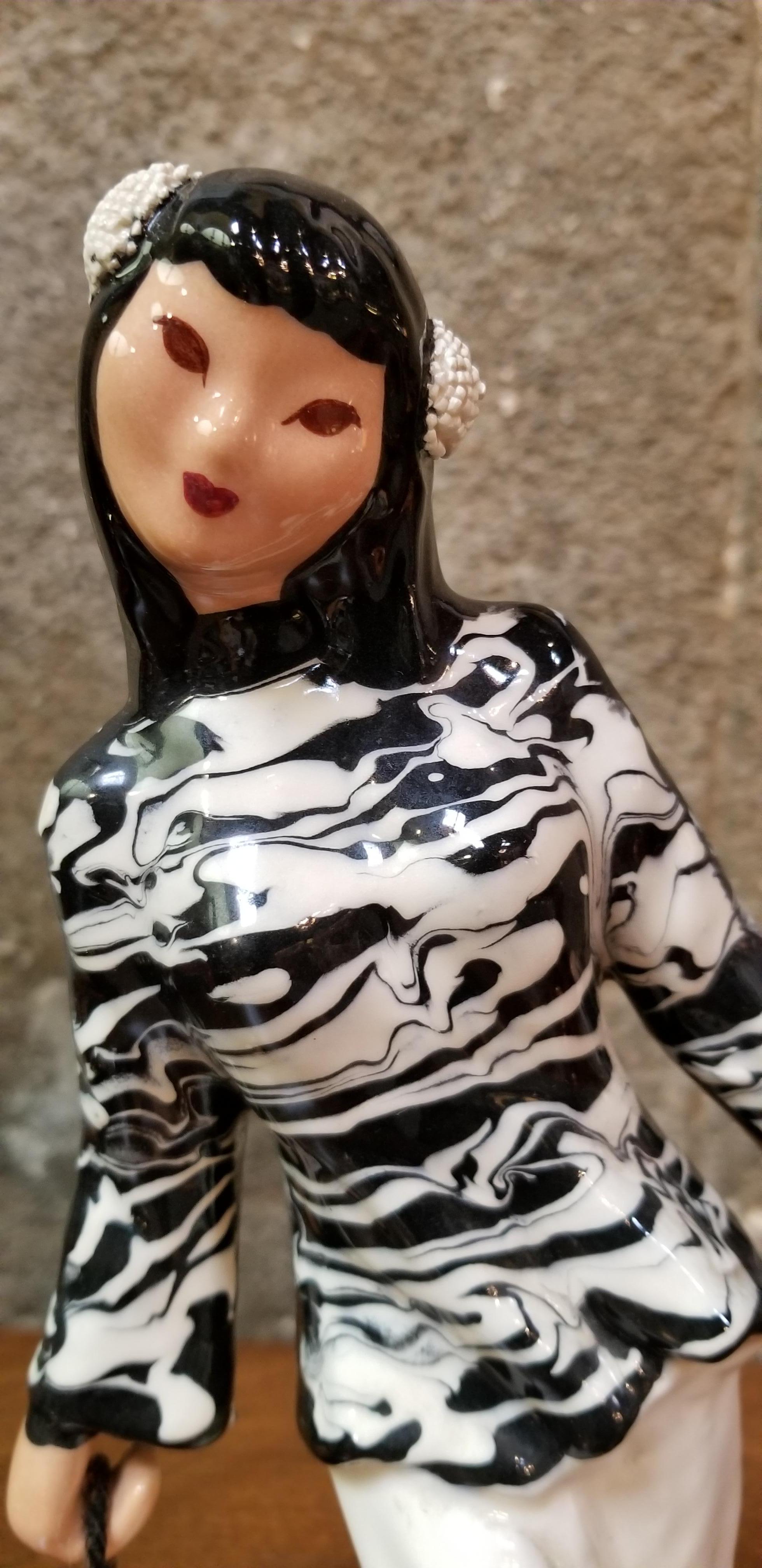 A signed Hedi Schoop black and white oriental female figure with basket, circa 1950s.

Hedi Schoop
One of the designers at the forefront of this era of midcentury ceramic design was Hedi Schoop. Having fled Europe in 1933 with her composer husband (