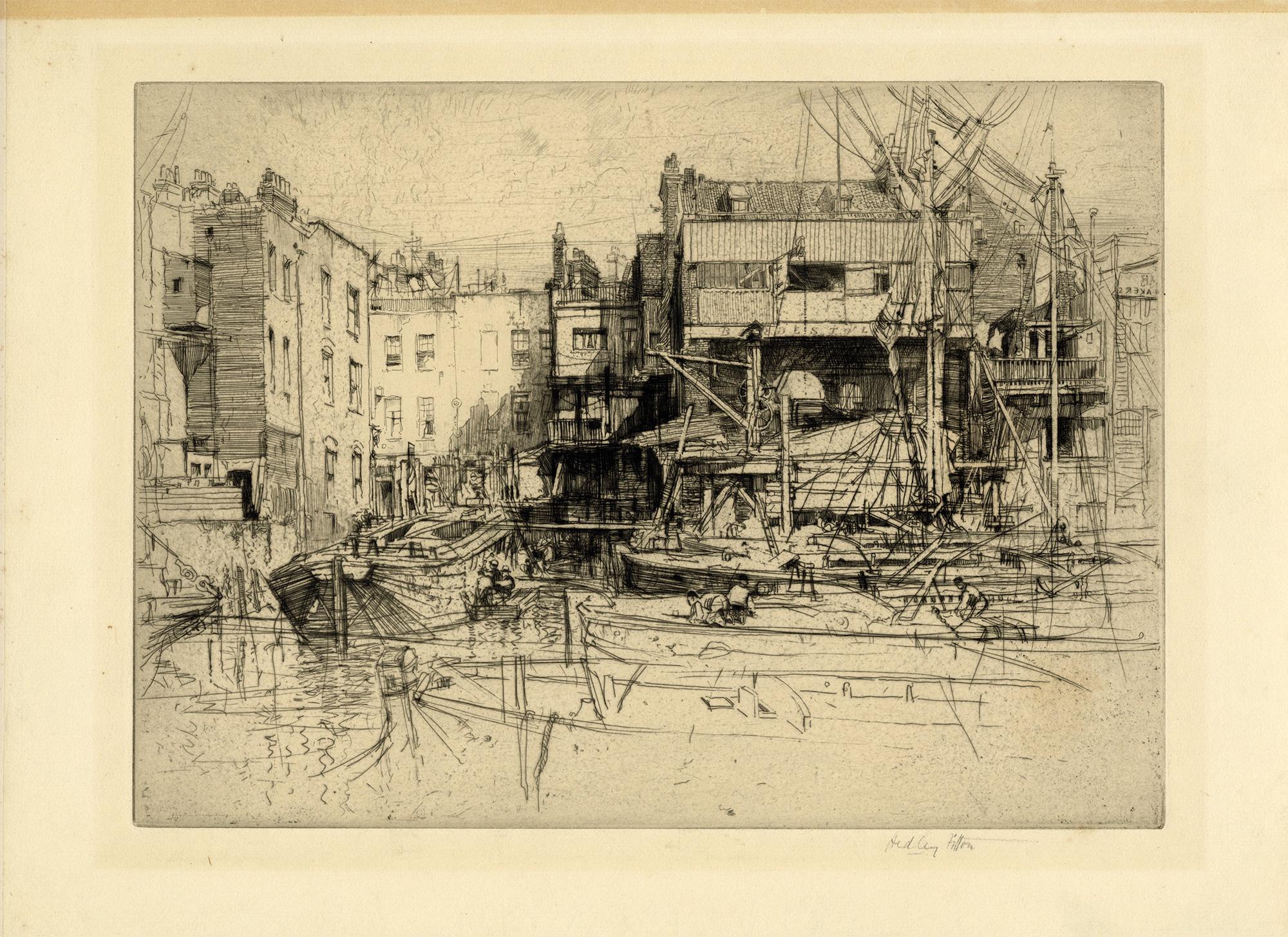 Hedley Fitton Figurative Print - Barge Builders, Limehouse