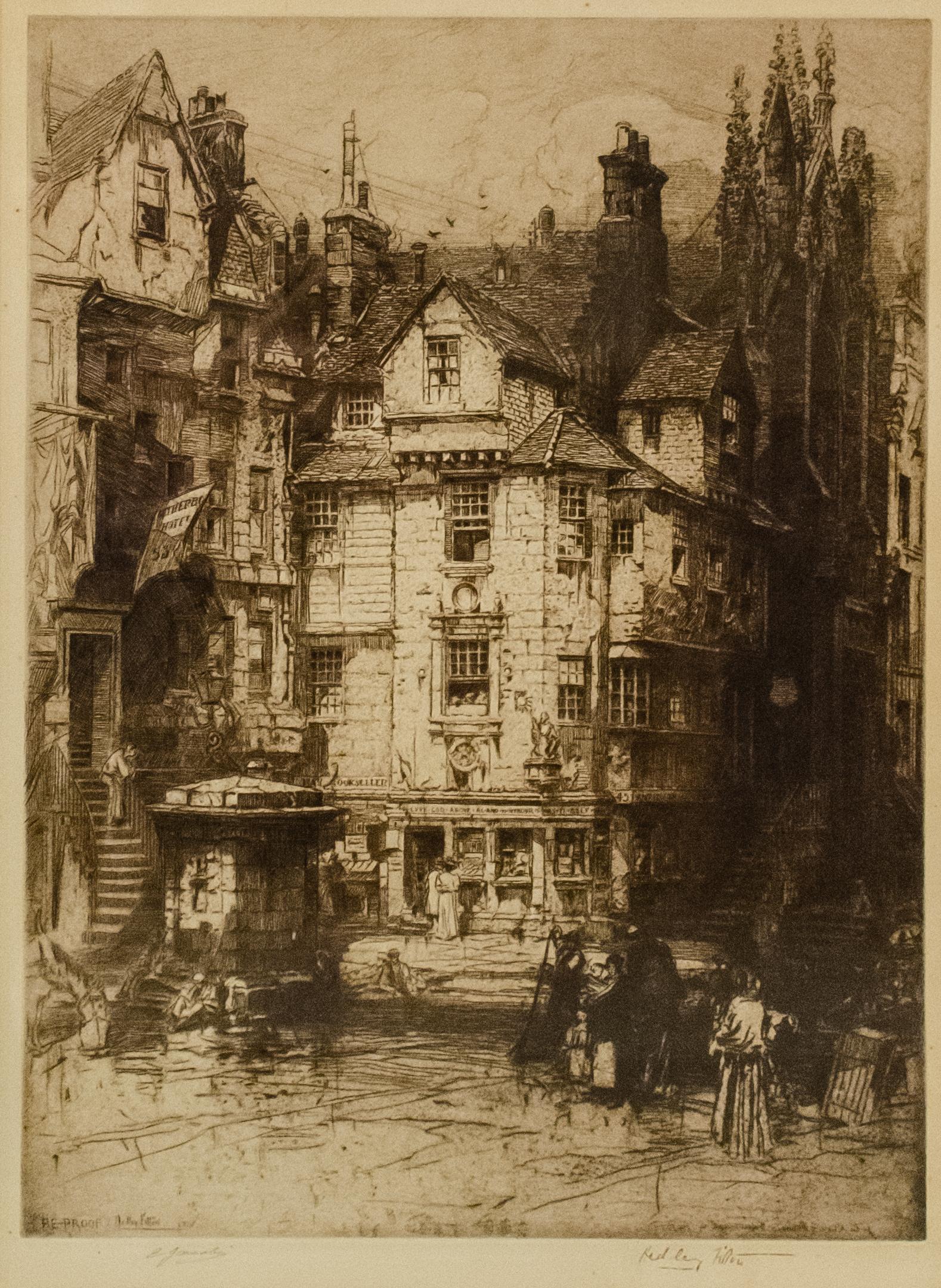 Hedley Fitton (British, c. 1857-1929)
John Knox's House, c. 1900
Etching
17 x 12 3/4 in.
Framed: 25 x 20 1/2 in.
Signed in the plate by Hedley Fitton
Signed in pencil lower left: E. Jacoby

Hedley Fitton was born in 1859 in Manchester, England and