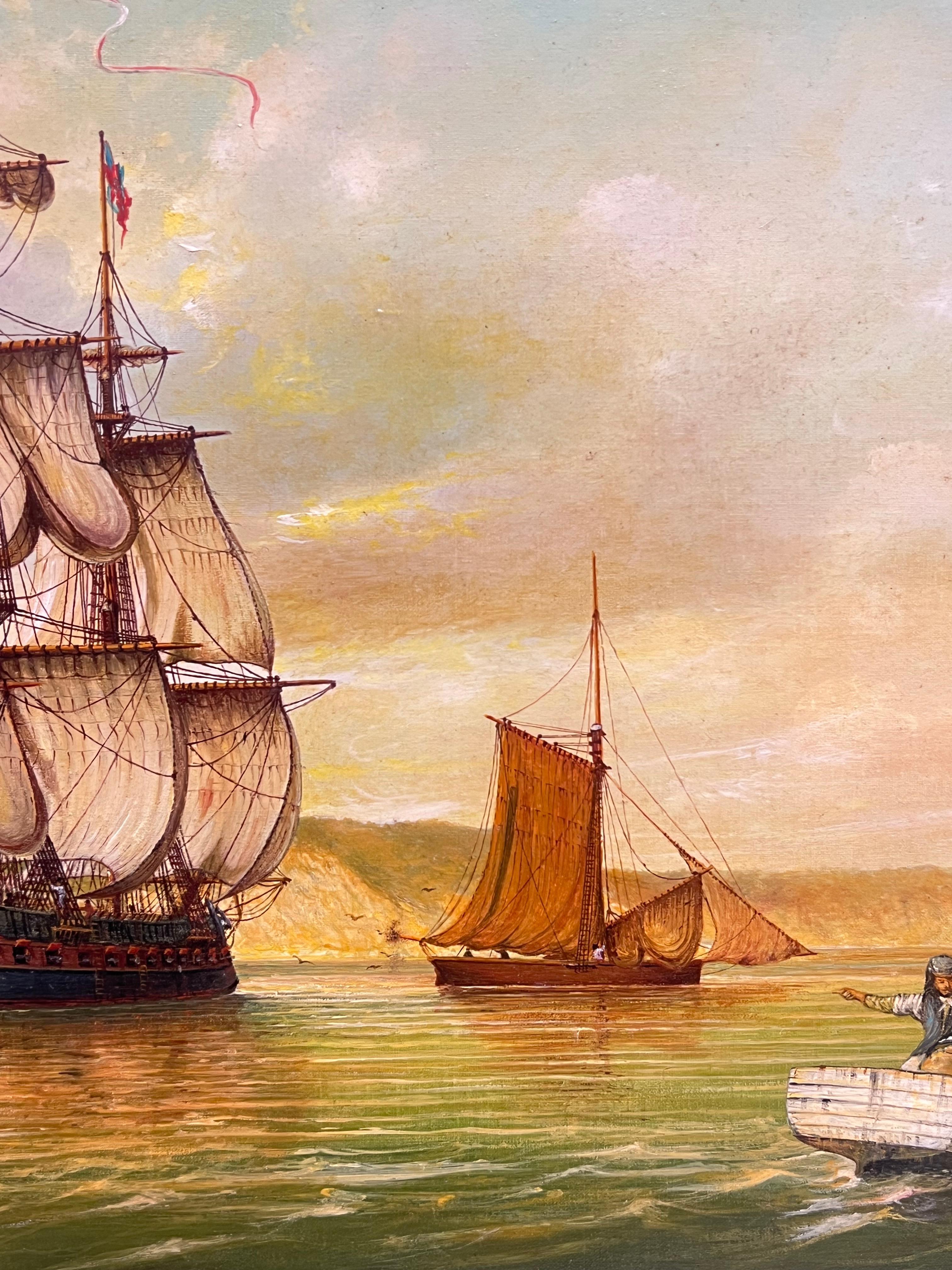 Fine British Maritime Signed Oil Painting 18th C. Warship Anchored Coastline For Sale 8