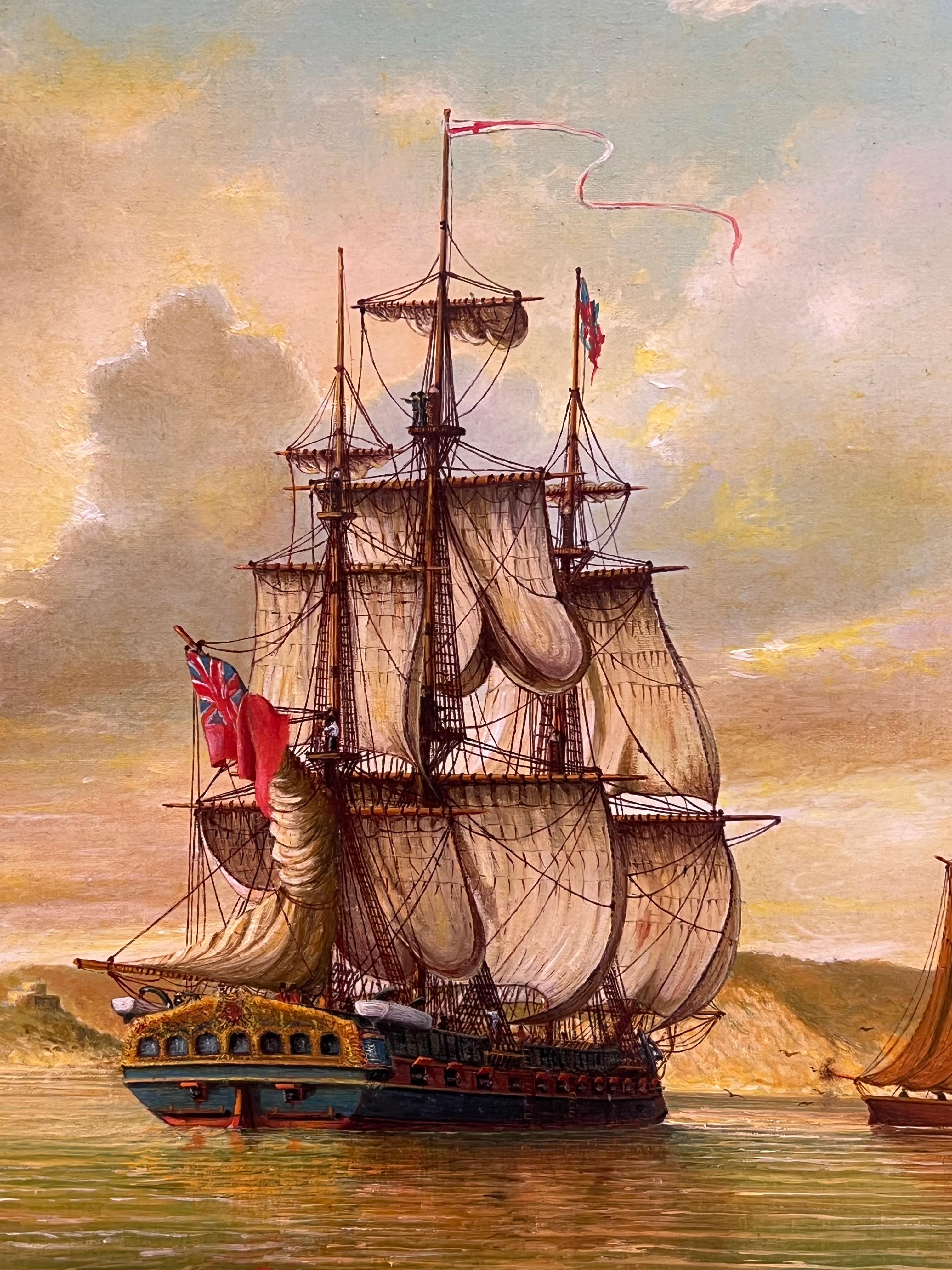 Fine British Maritime Signed Oil Painting 18th C. Warship Anchored Coastline For Sale 9
