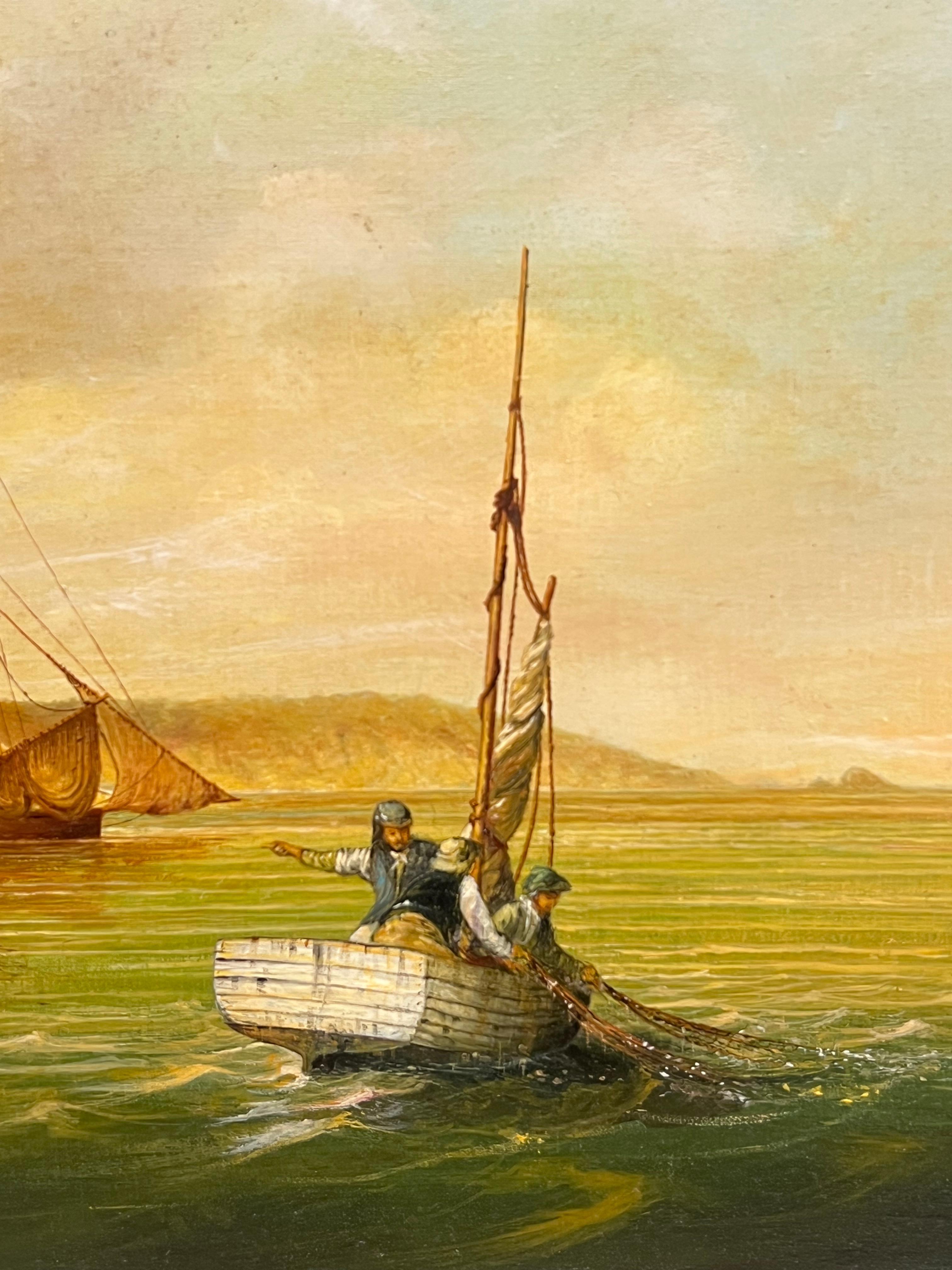 Fine British Maritime Signed Oil Painting 18th C. Warship Anchored Coastline For Sale 10