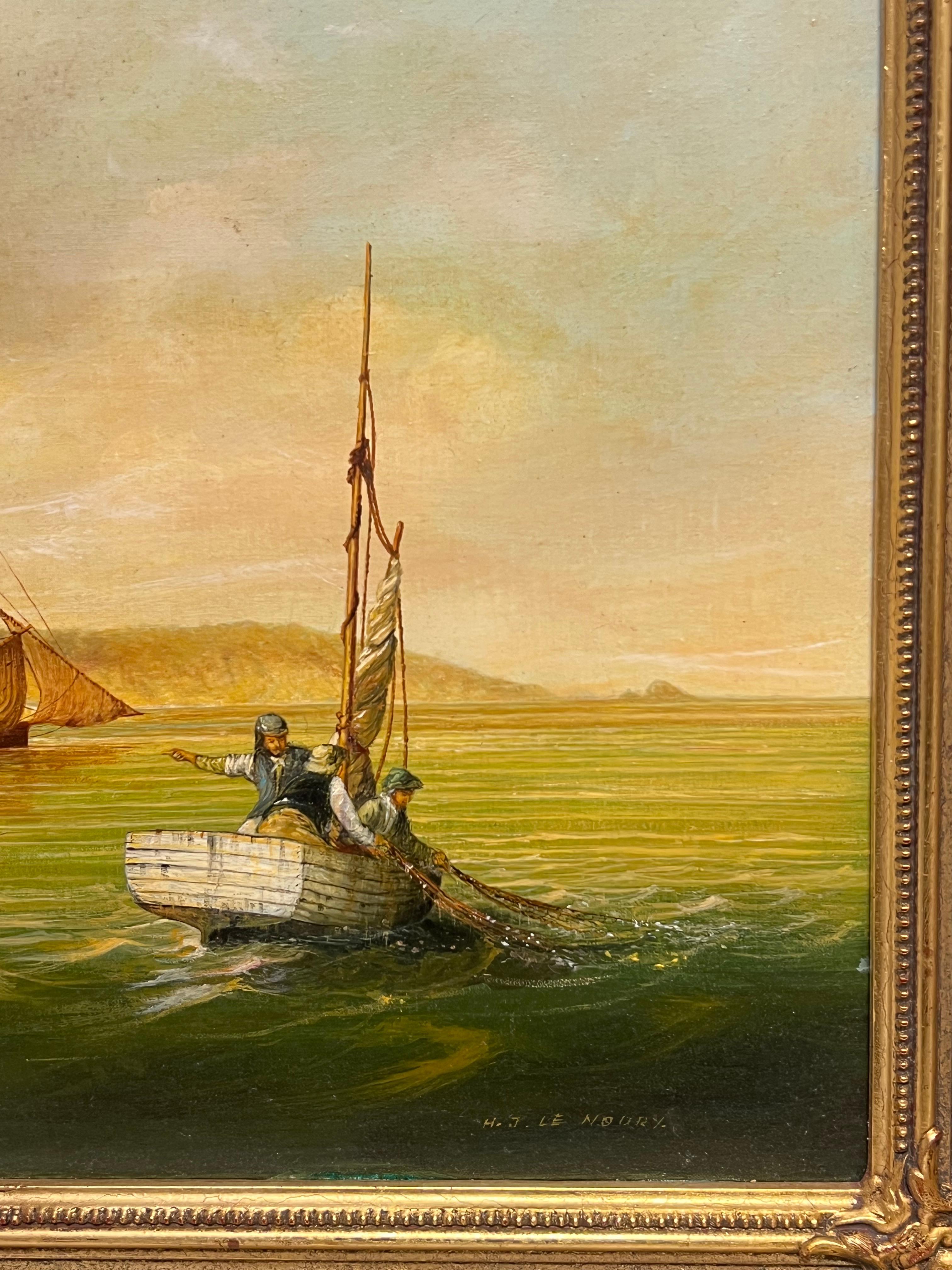 Fine British Maritime Signed Oil Painting 18th C. Warship Anchored Coastline For Sale 11