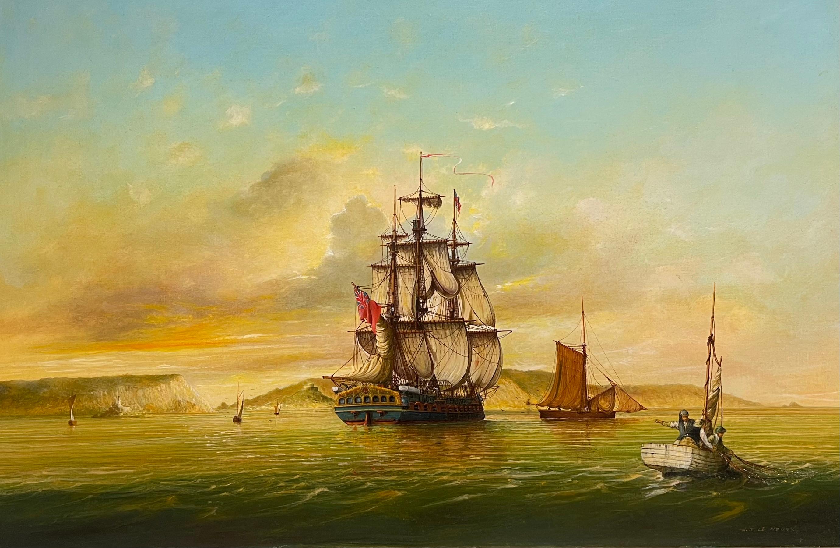 Fine British Maritime Signed Oil Painting 18th C. Warship Anchored Coastline - Brown Figurative Painting by Hedley John Le Noury