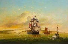 Fine British Maritime Signed Oil Painting 18th C. Warship Anchored Coastline