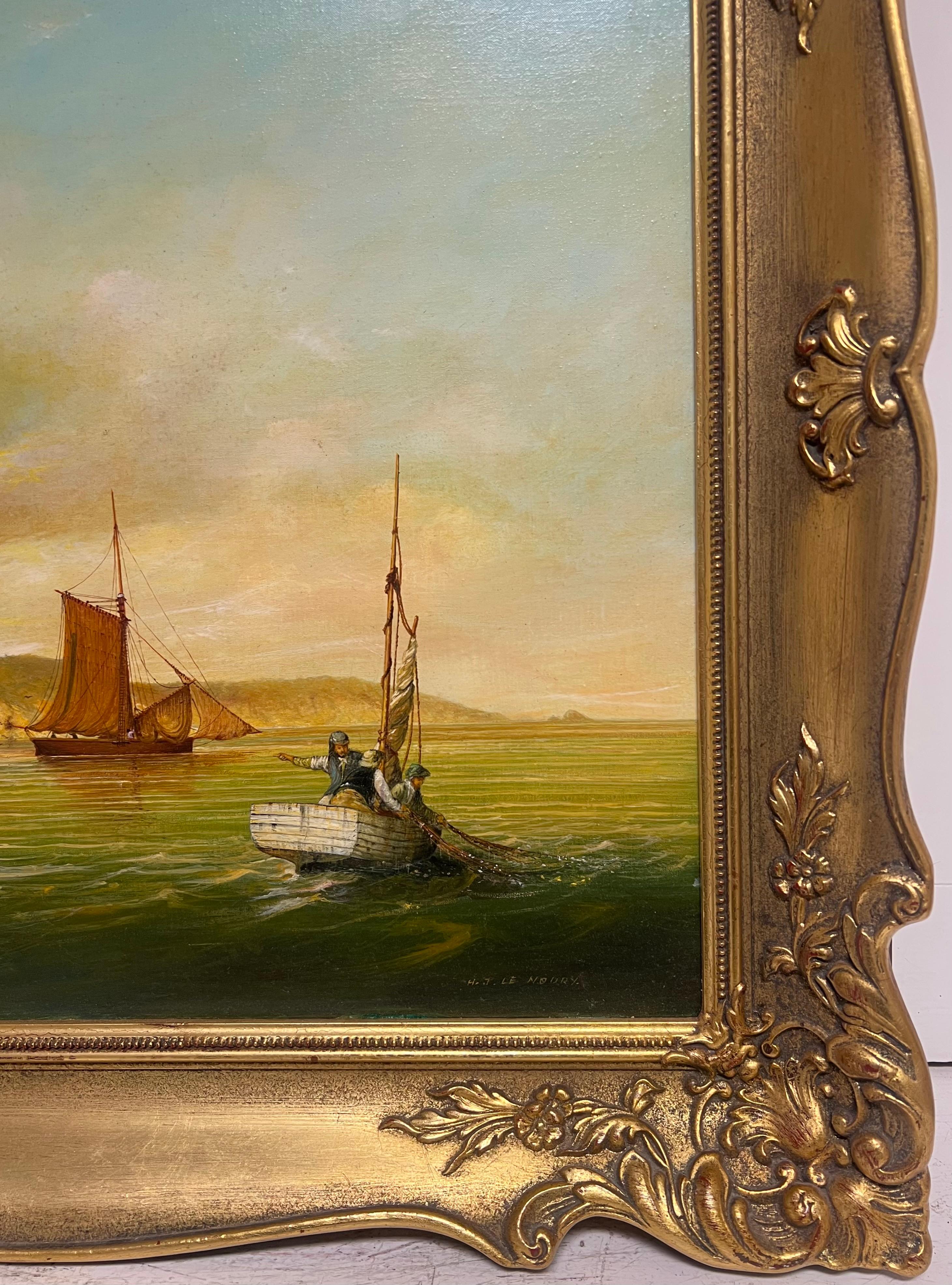 Fine British Maritime Signed Oil Painting 18th C. Warship Anchored Coastline For Sale 1
