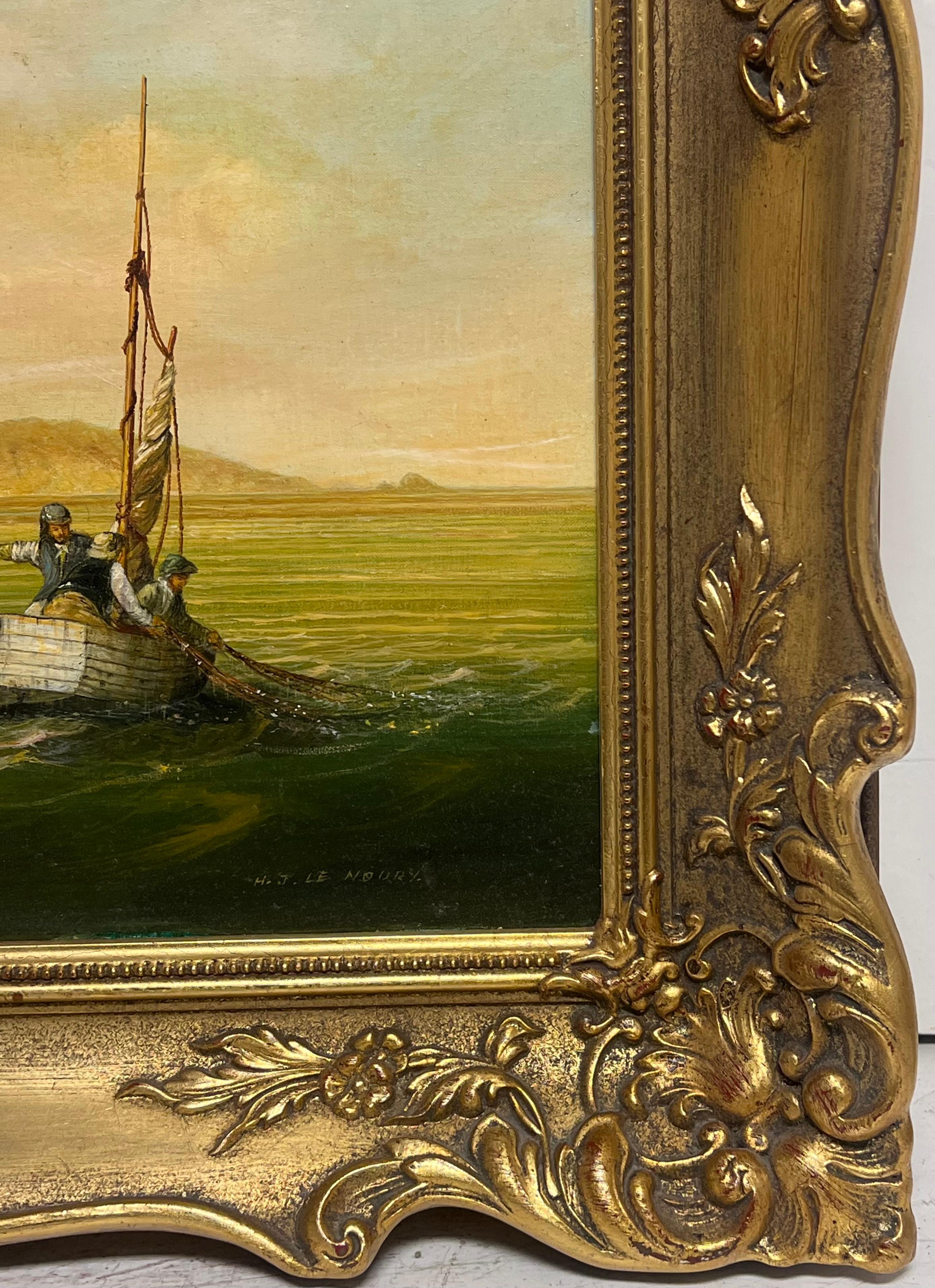 Fine British Maritime Signed Oil Painting 18th C. Warship Anchored Coastline For Sale 2