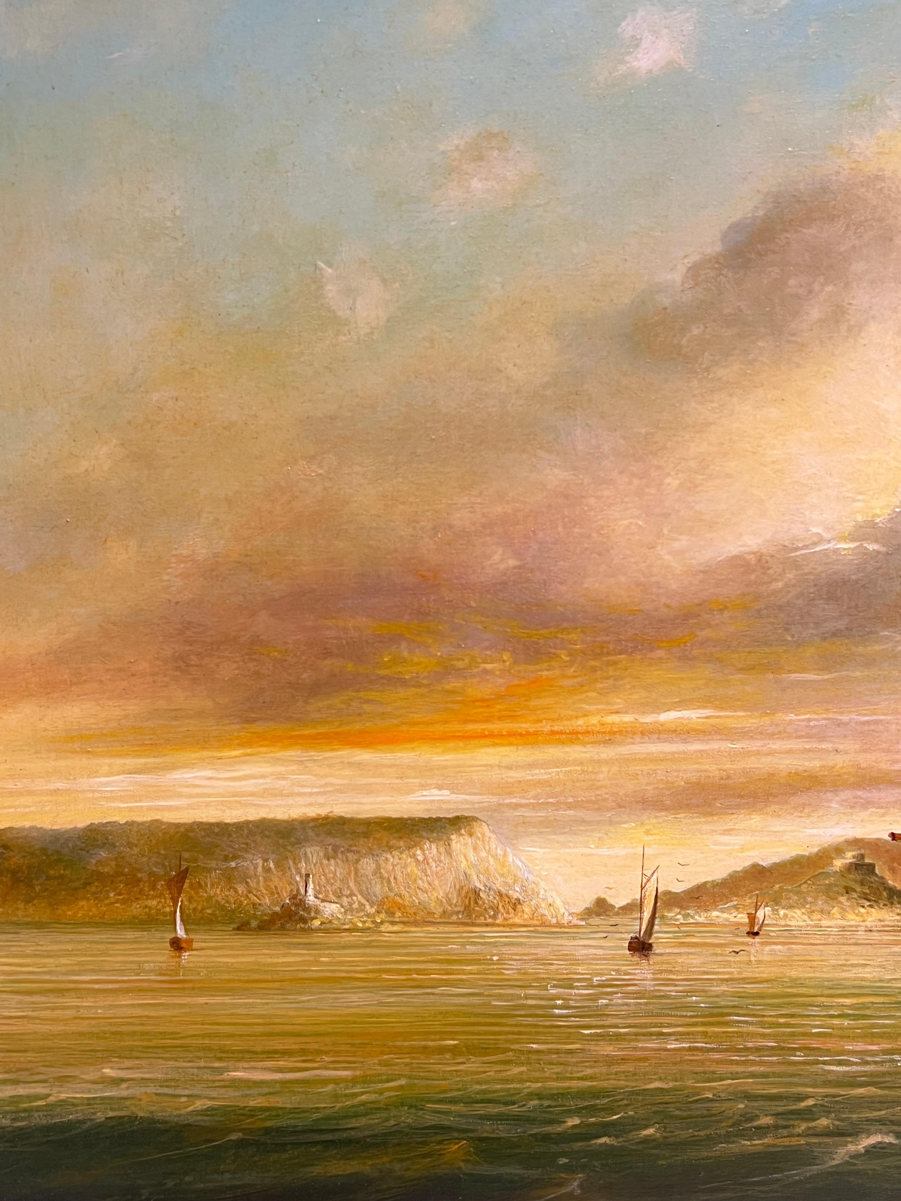 Fine British Maritime Signed Oil Painting 18th C. Warship Anchored Coastline For Sale 5