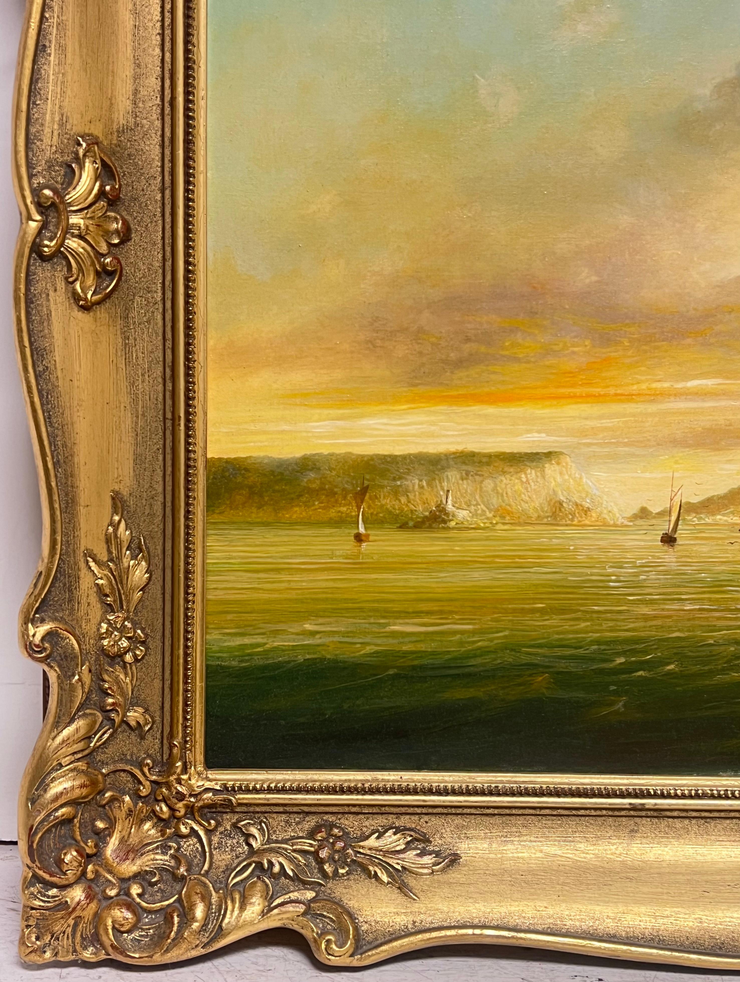 Fine British Maritime Signed Oil Painting 18th C. Warship Anchored Coastline For Sale 6