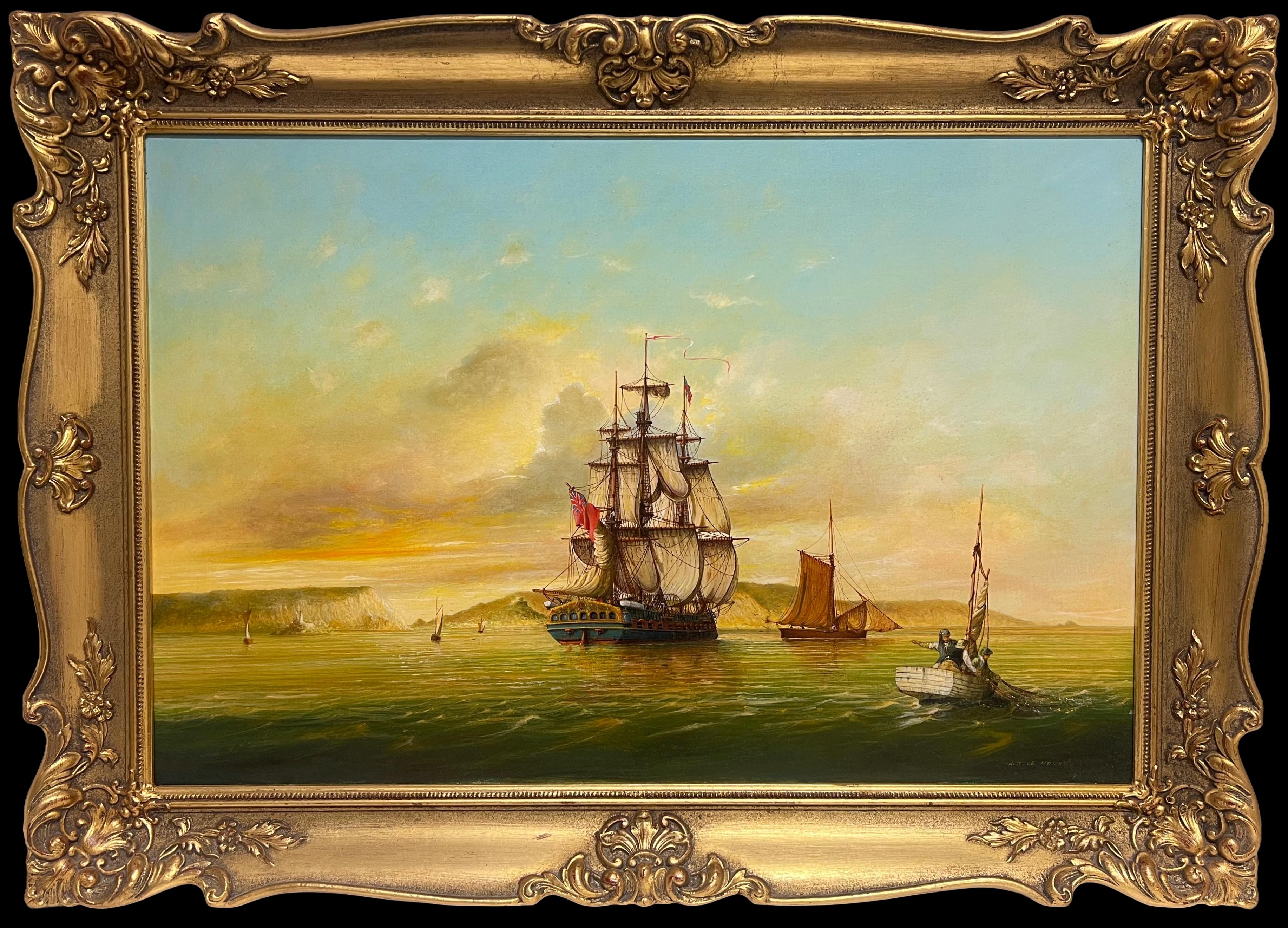 Fine British Maritime Signed Oil Painting 18th C. Warship Anchored Coastline (peinture à l'huile signée de la marine britannique)