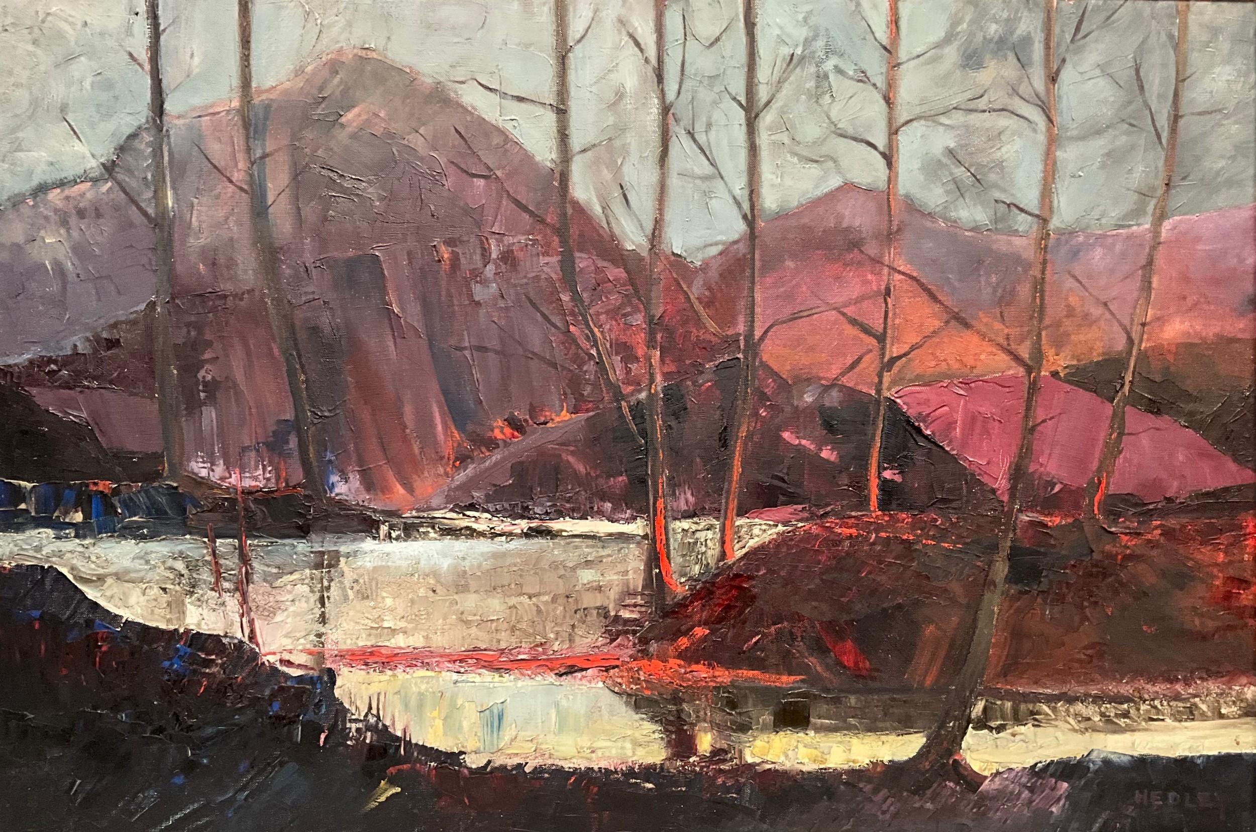 Mountains Ablaze With Light Of Setting Sun.  Landscape Oil Painting - Brown Landscape Painting by Hedley Williams Waycott