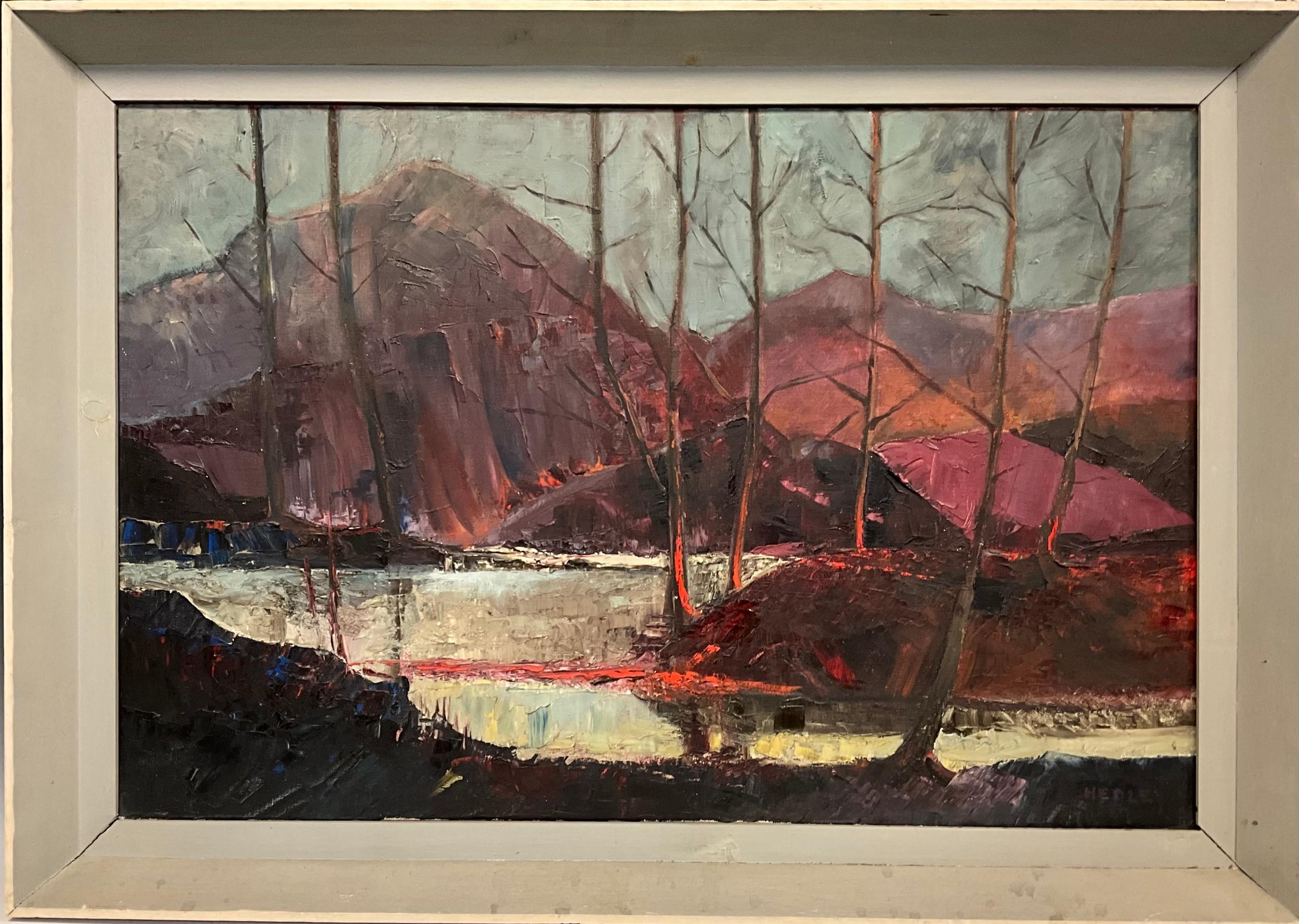 Hedley Williams Waycott Landscape Painting - Mountains Ablaze With Light Of Setting Sun.  Landscape Oil Painting