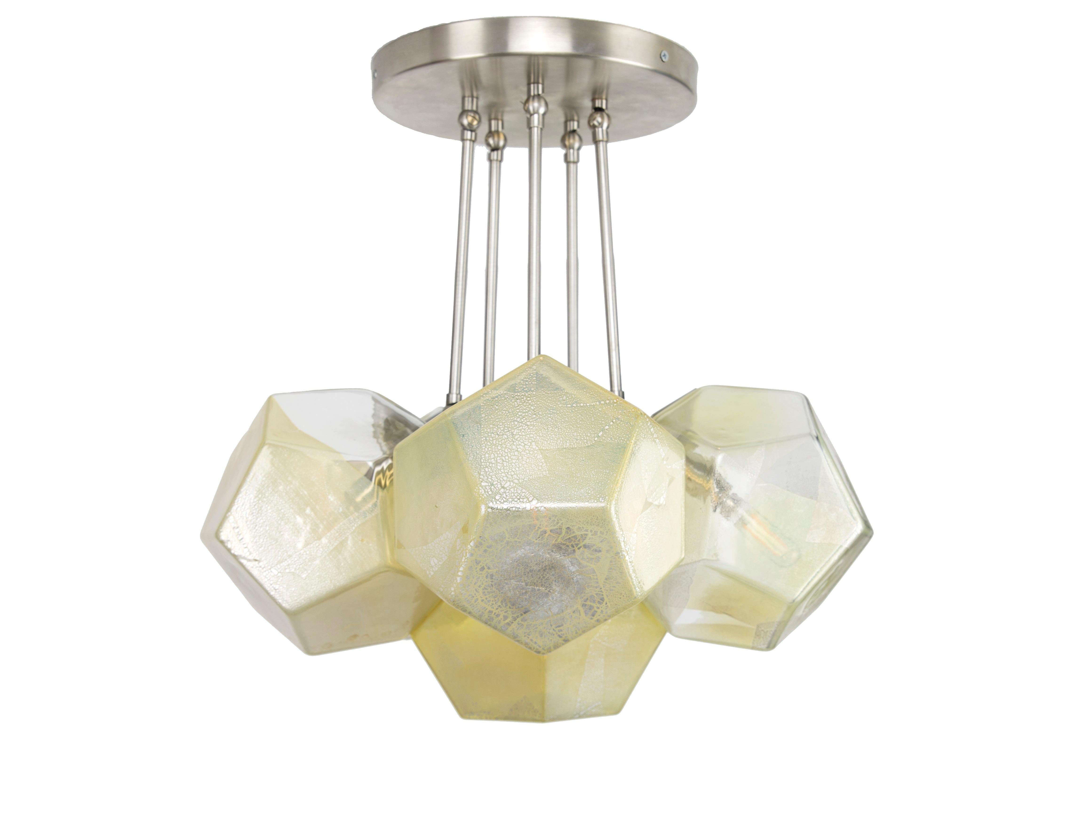 Hedron Series Chandelier in Silver Leaf, Handmade Contemporary Glass Lighting