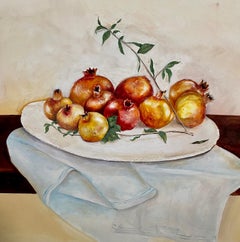 Israeli Folk Art Oil Painting Pomegranates Naive Style Still Life Hedva Yardeni