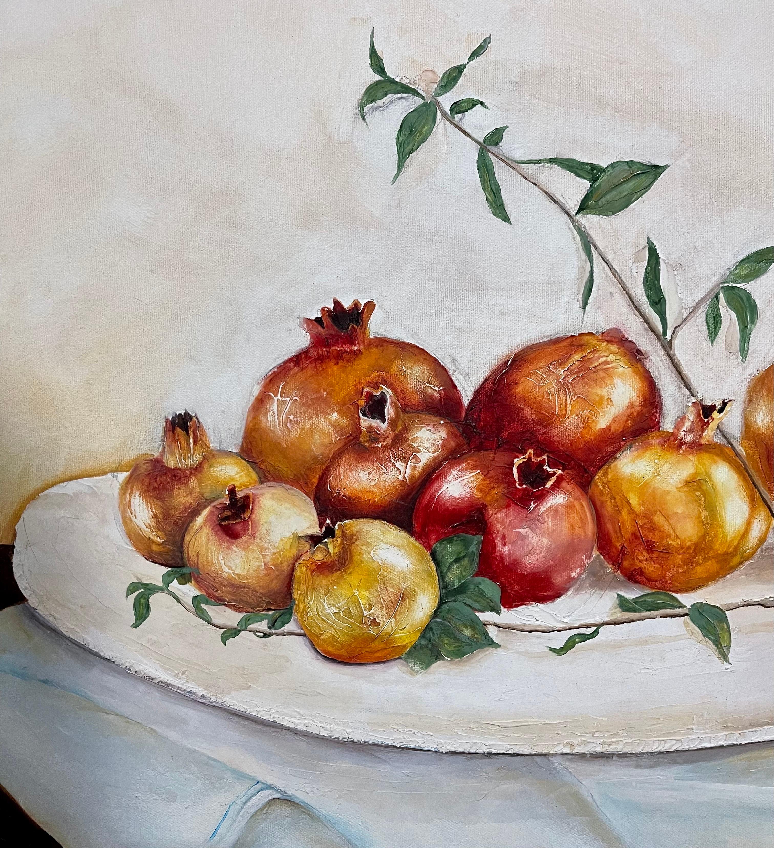 Israeli Folk Art Oil Painting Pomegranates Naive Style Still Life Hedva Yardeni For Sale 2