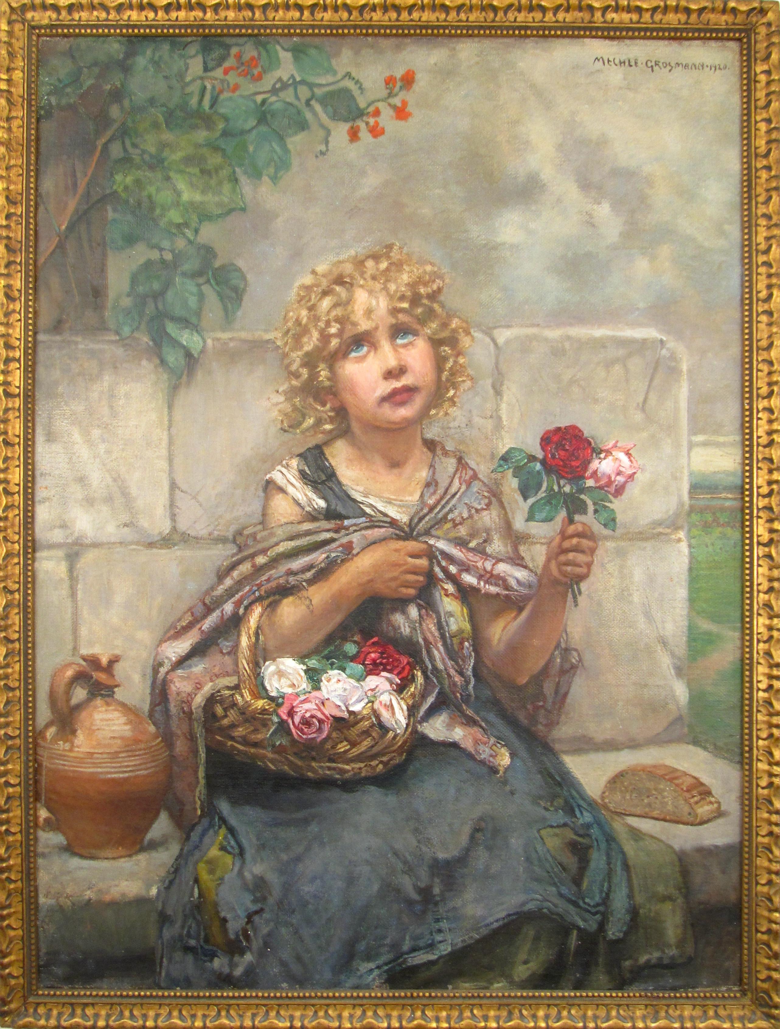 Hedwig Mechle – Grossmann (1857 - 1928) Rose Flower Girl , 1920 - Oil Painting