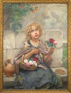 Antique Hedwig Mechle – Grossmann (1857 - 1928) Rose Flower Girl , 1920 - Oil Painting