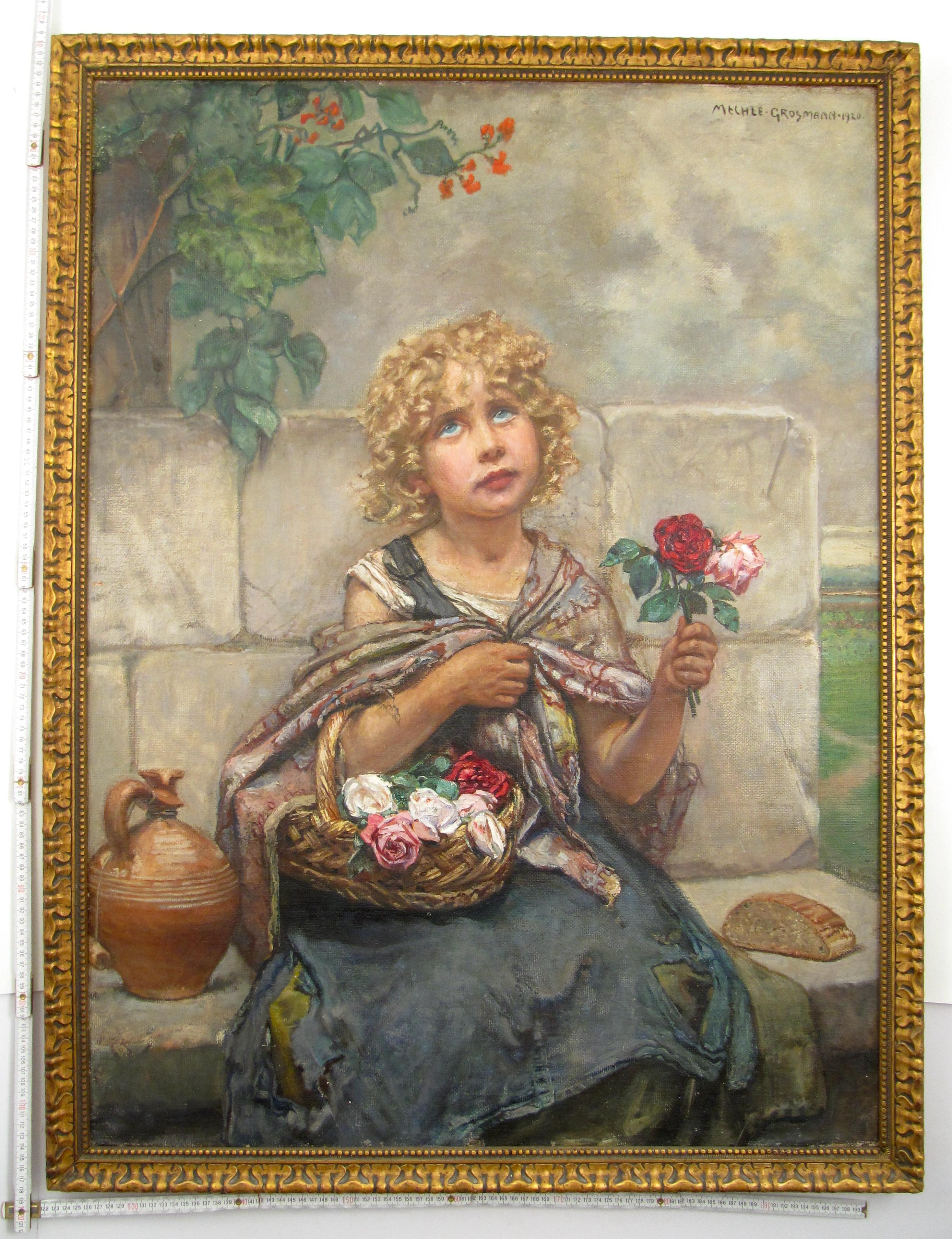 Hedwig Mechle – Grossmann (1857 - 1928) Rose Flower Girl , 1920 - Oil Painting For Sale 5